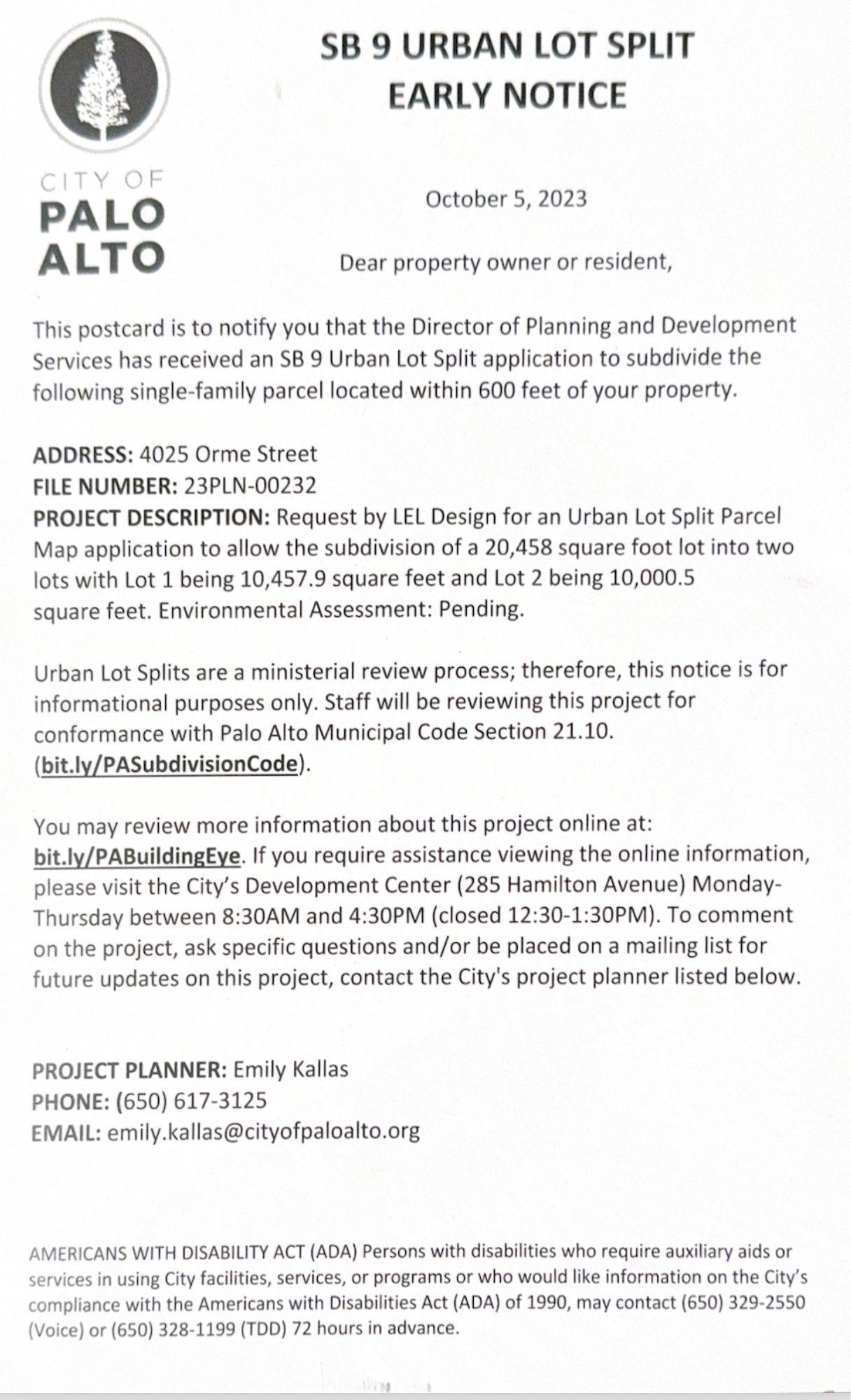 SB9 notice in Palo Alto that is strictly informative because the lot split is ministerial due to state law