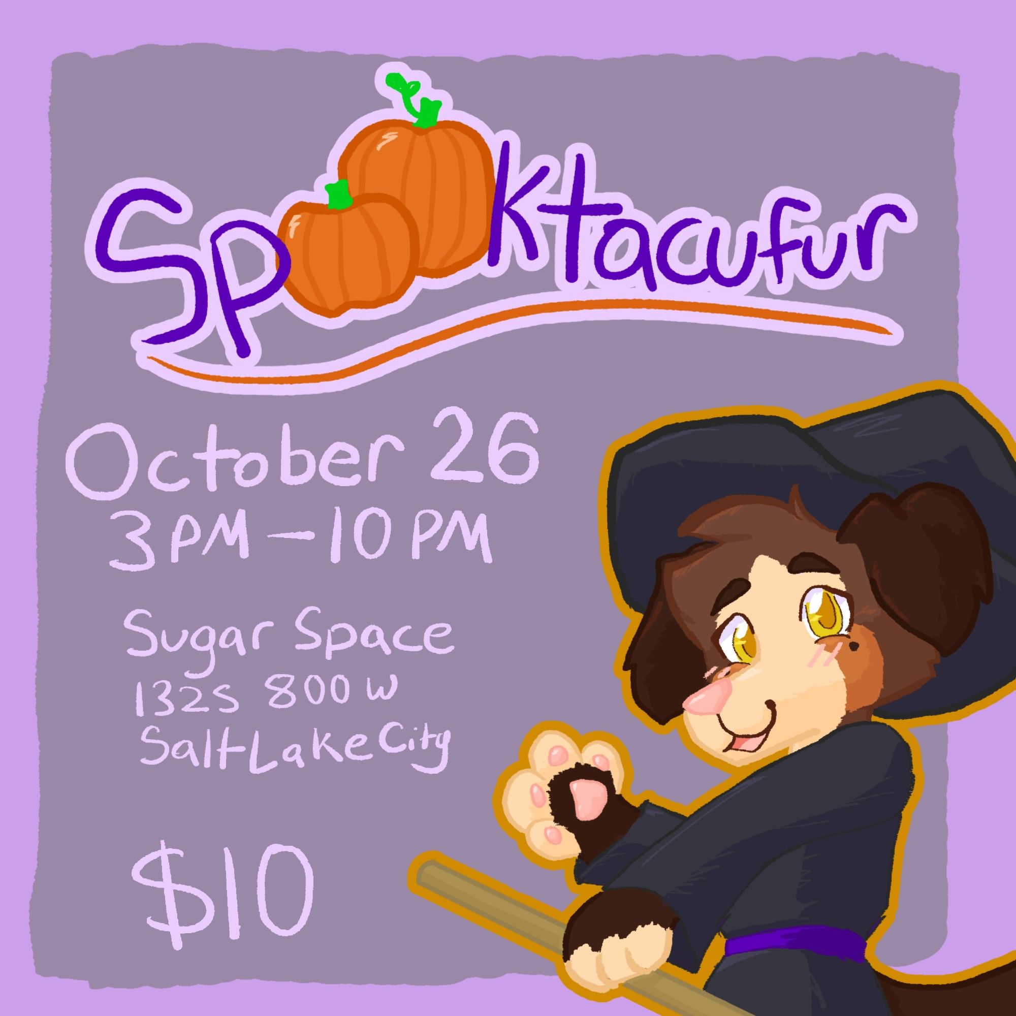 Poster for Spooktacufur, a new miniature furry convention in Salt Lake City on October 26, 2024. Tickets are 10 dollars and it runs from 3-10pm