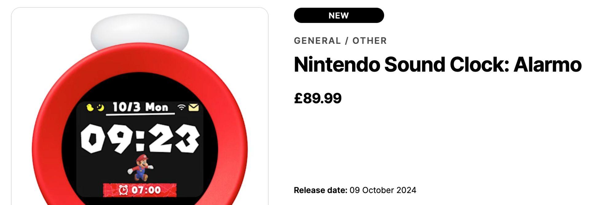 A screenshot of the Nintendo website showing the Alarmo sound clock for sale.