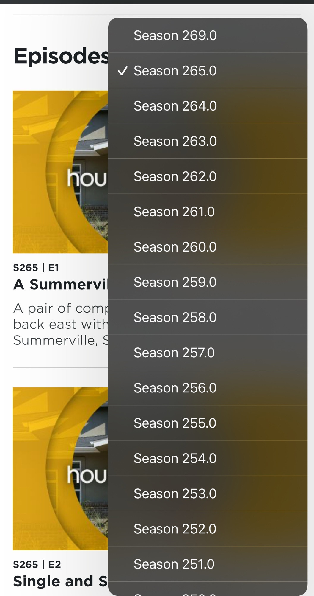 House Hunters website listing off its 262 seasons