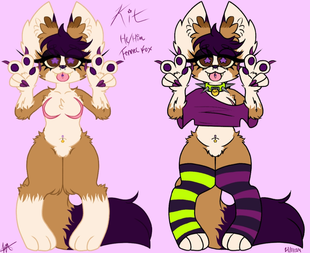 Fennec fox fursona with purple bangs and brown eyes with purple stars and a chartreuse collar and a magenta crop top as well as chartreuse and purple striped thigh highs