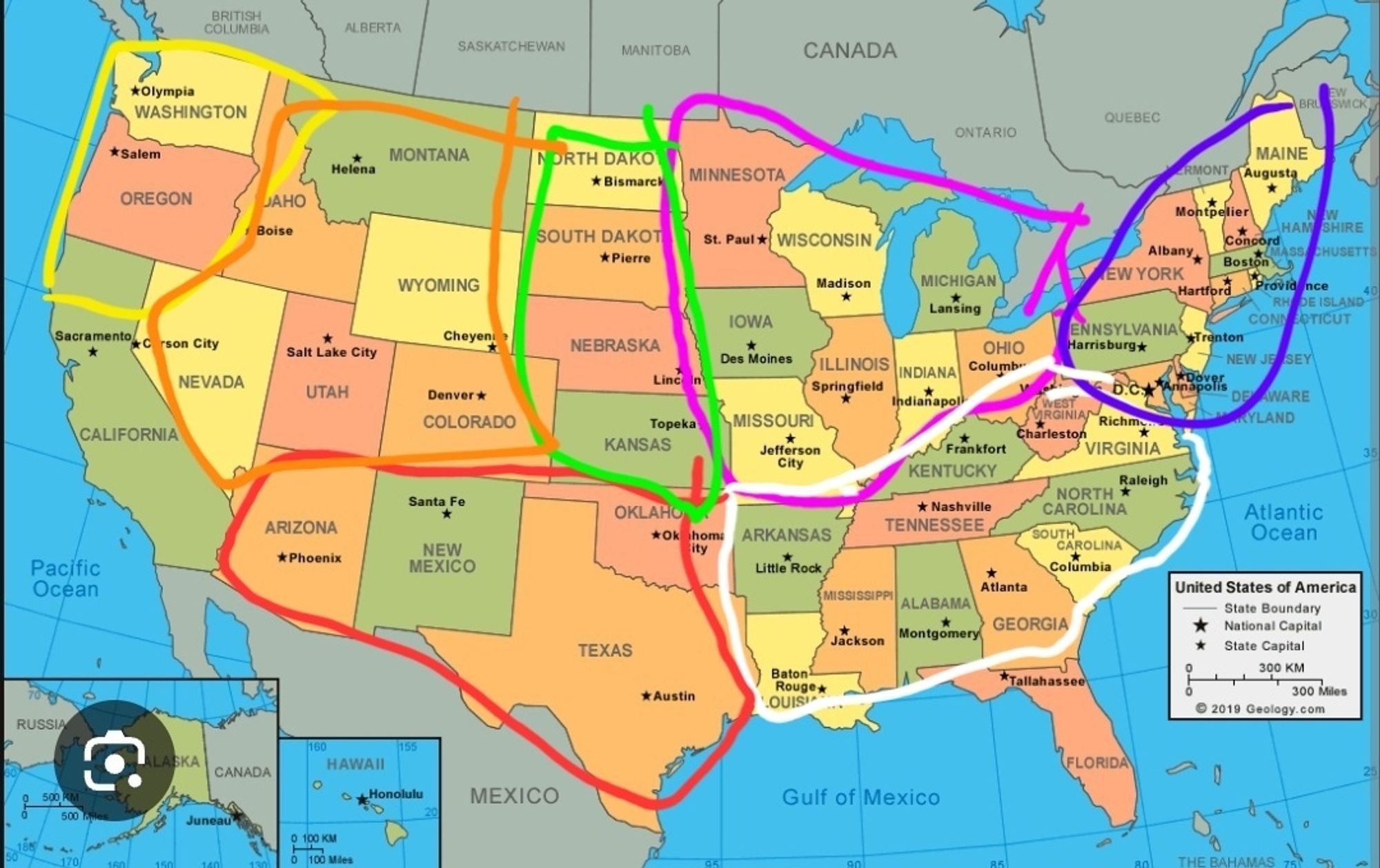 A map of the us with regions circled