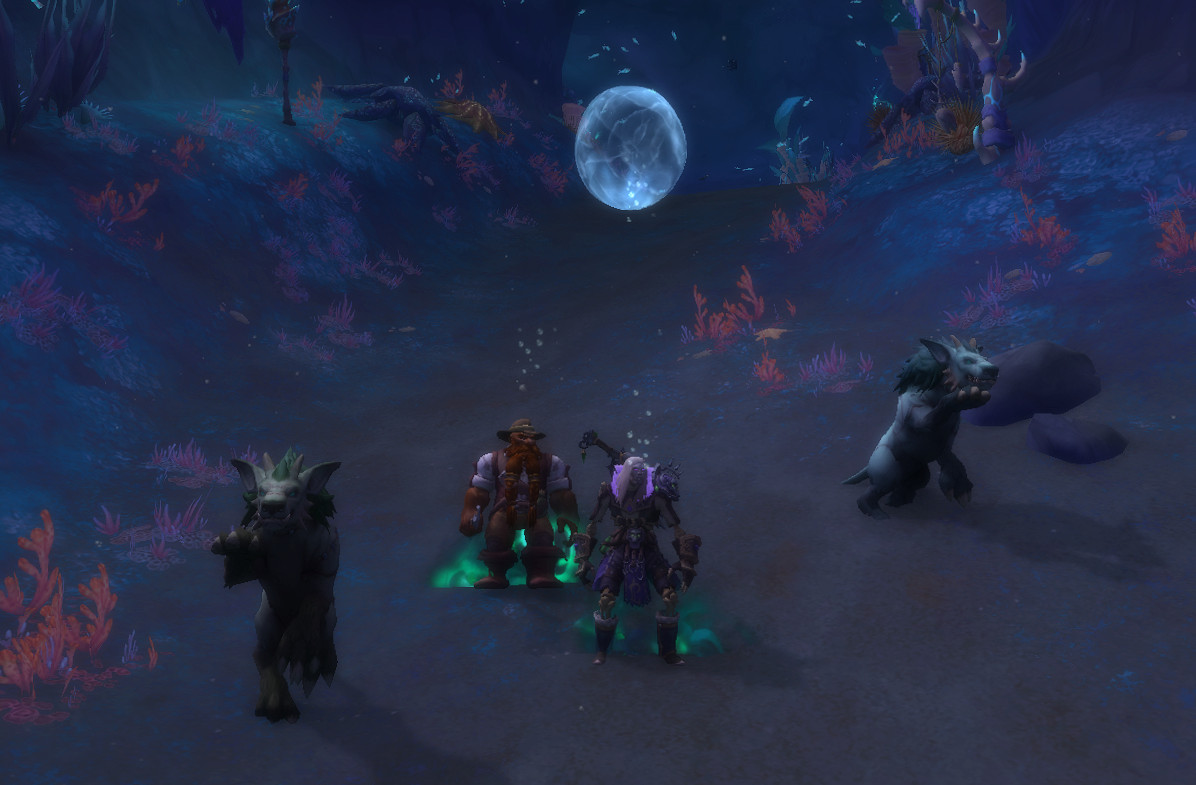 Screenshot from an underwater-delve in World of Warcraft - The War Within. A Forsaken hunter ignores the "use the bubbles to stay alive"-mechanism, because he doesn't have to breath!