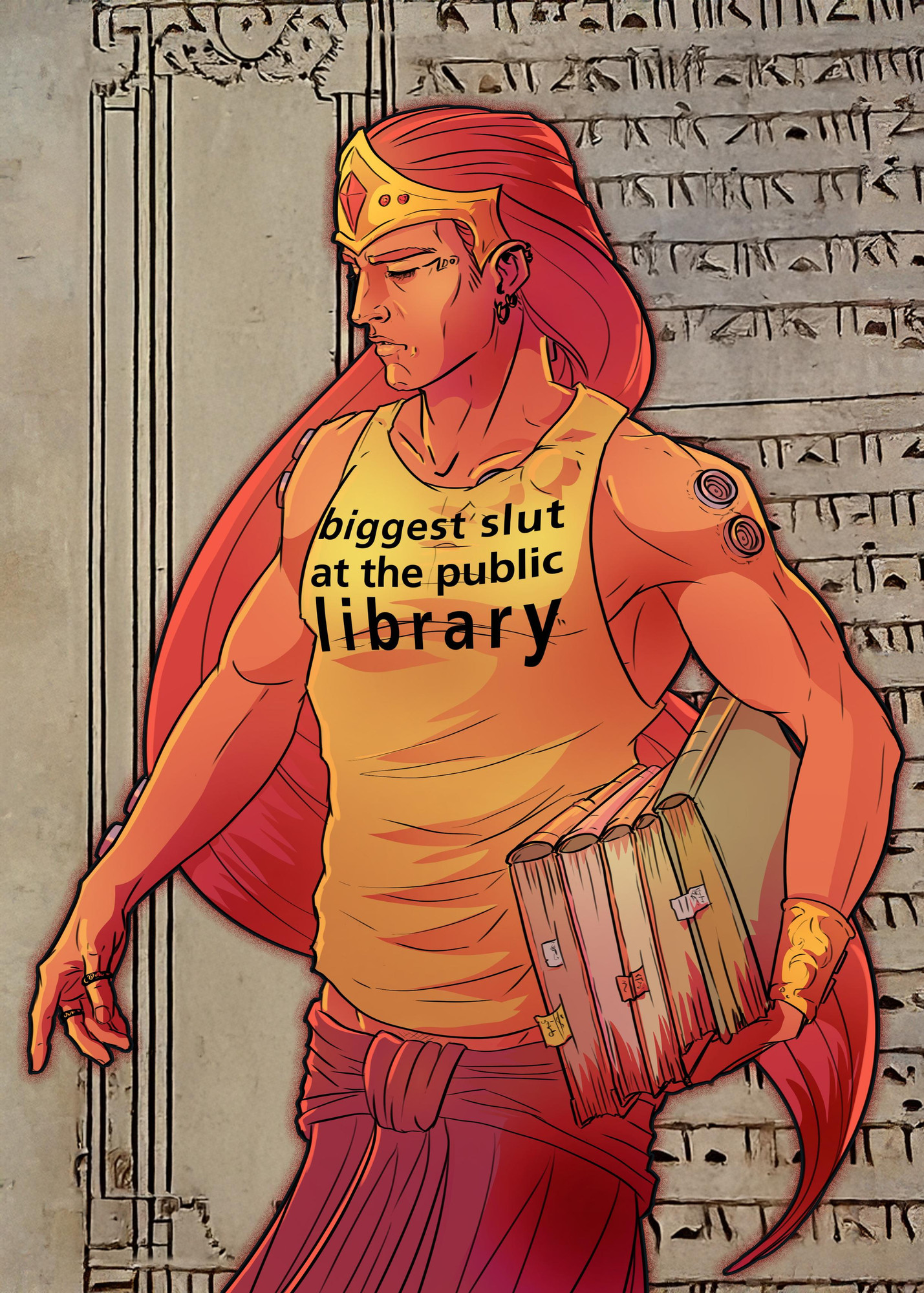 Coloured ink drawing of Magnus the Red. He's wearing a tank top with "biggest slut at the public library"-print and is carrying a lot of books under his arm. 