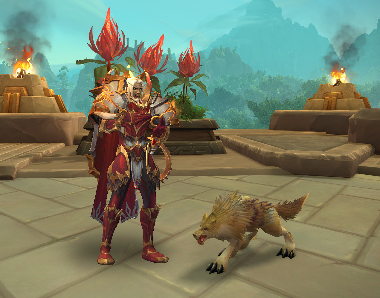 Screenshot from WoW of a red-clad protection paladin and his faithful dog looking at each other.