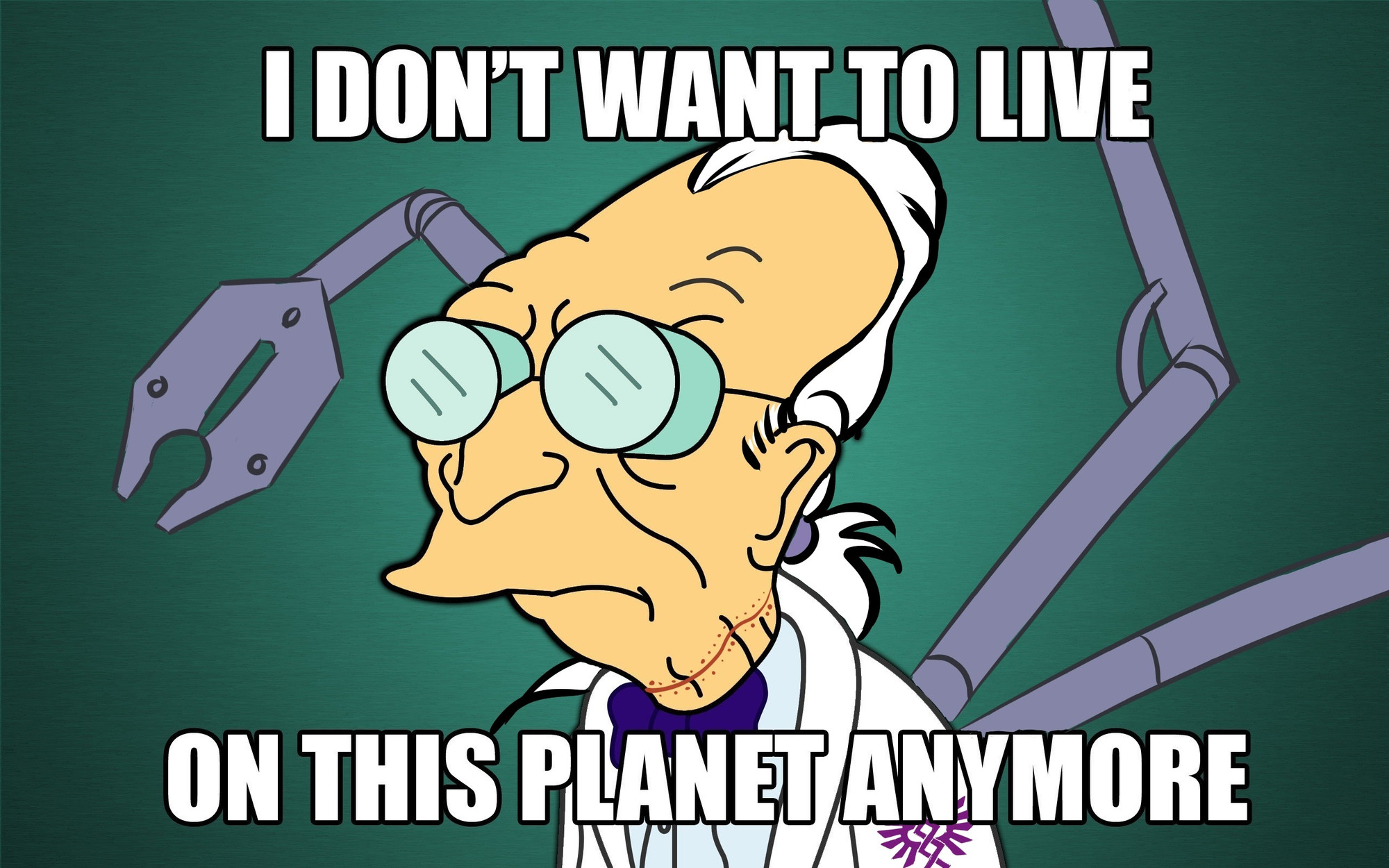 Drawing of Professor Farnsworth as Fabisu Bile with the "I don't want to live on this planet anymore" quote.