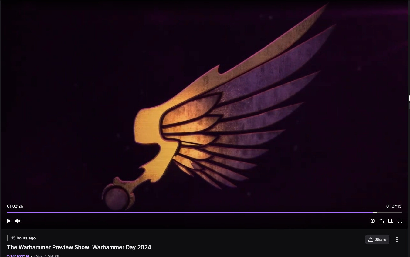 Screenshot of yesterday's Warhammer Day Reveal Stream with the Emperor's Children Logo.