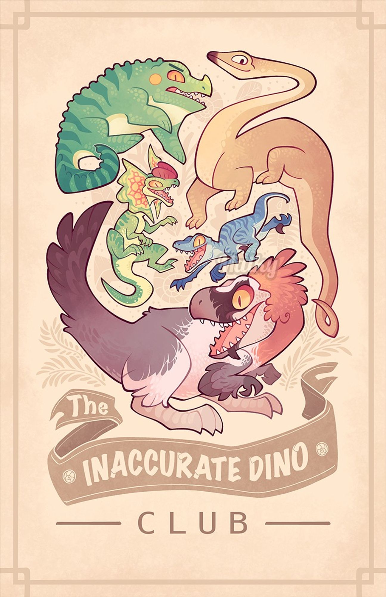 Cartoony poster of scientifically inaccurate dinosaurs, specifically a thick iguanodon, a crawling diplodocus, the jurassic park interpretations of the dilophosaurus and velociraptor and a feathery tyrannosaurus rex