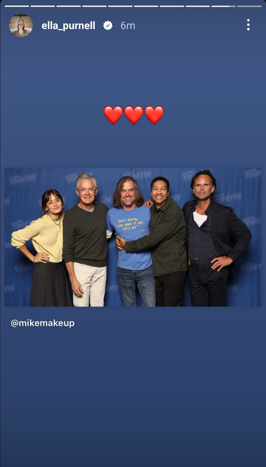 ella punell instagram story (10/18/24): ella and the cast of fallout (kyle maclachlan, aaron moten and walton goggins) with former fallout makeup artist michael harvey at new york comic con. shared via mikemakeup on instagram 