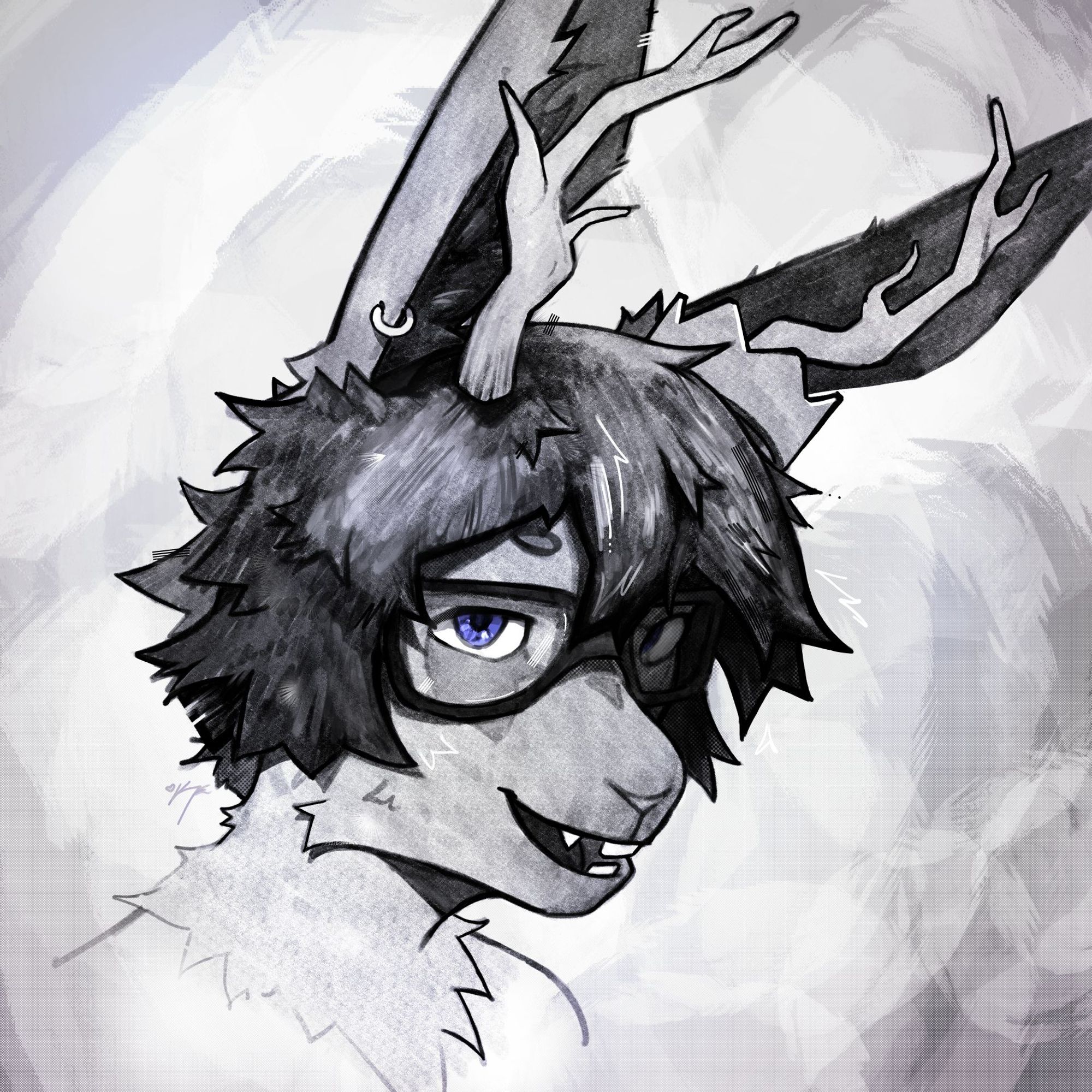 Anthro drawing. Sketch of a jackalope. They're wearing glasses, a little right-ear piercing, and a crown around their left antler. The antlers and crown float off their head.