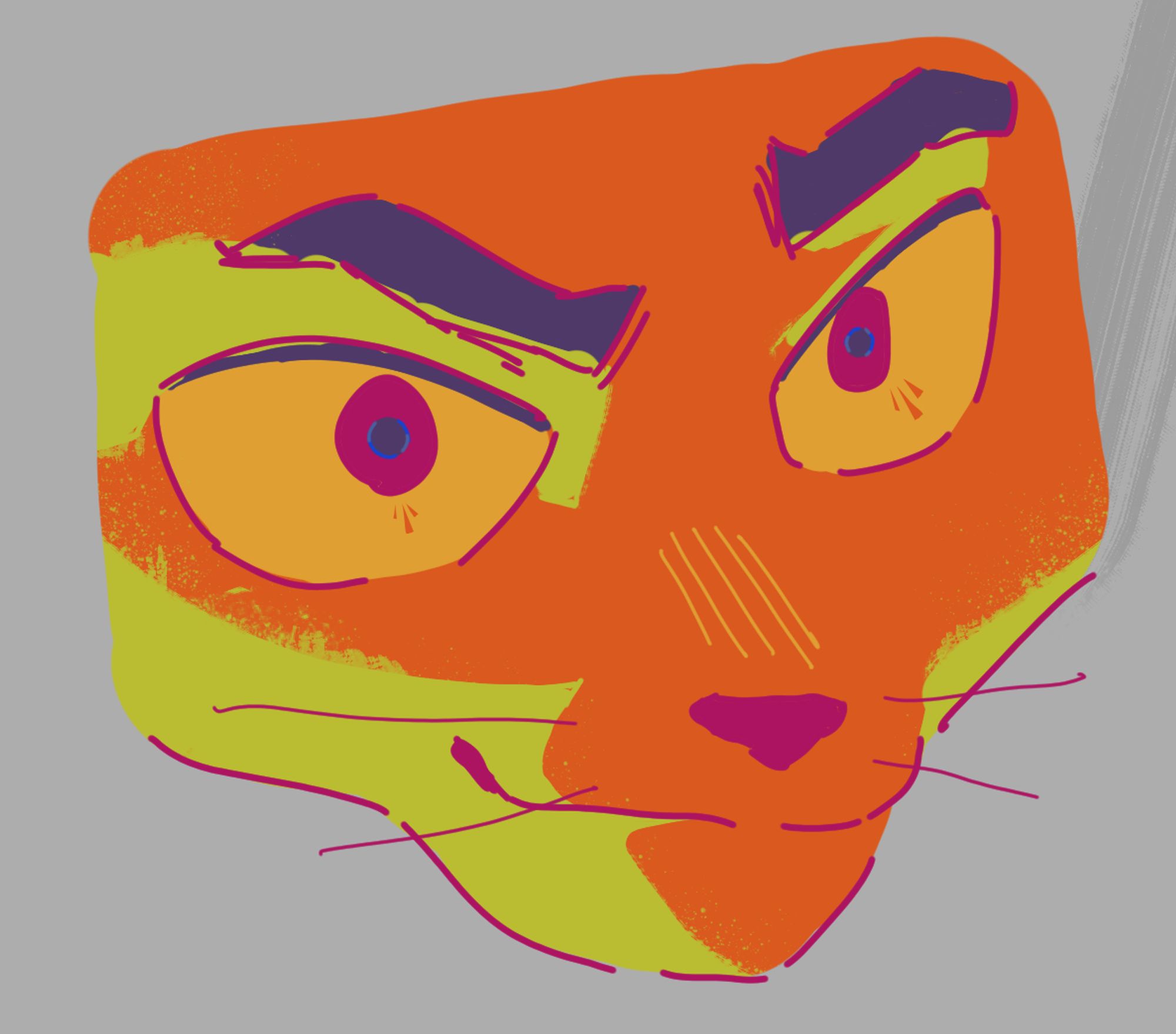 anthro sketch. cat face in vibrant green lighting with orange and purple colours. haven't drawn with colours in a while. trying get back to liking drawing.