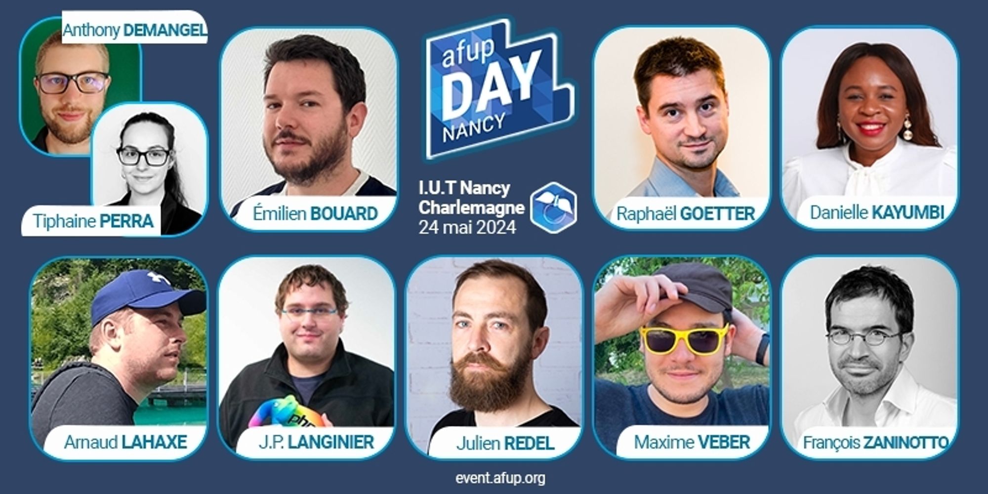 Programme de l'afup day Nancy 2024 le 24 mai 2024 à l'IUT Charlemagne avec les différents conférenciers et conférencieres.