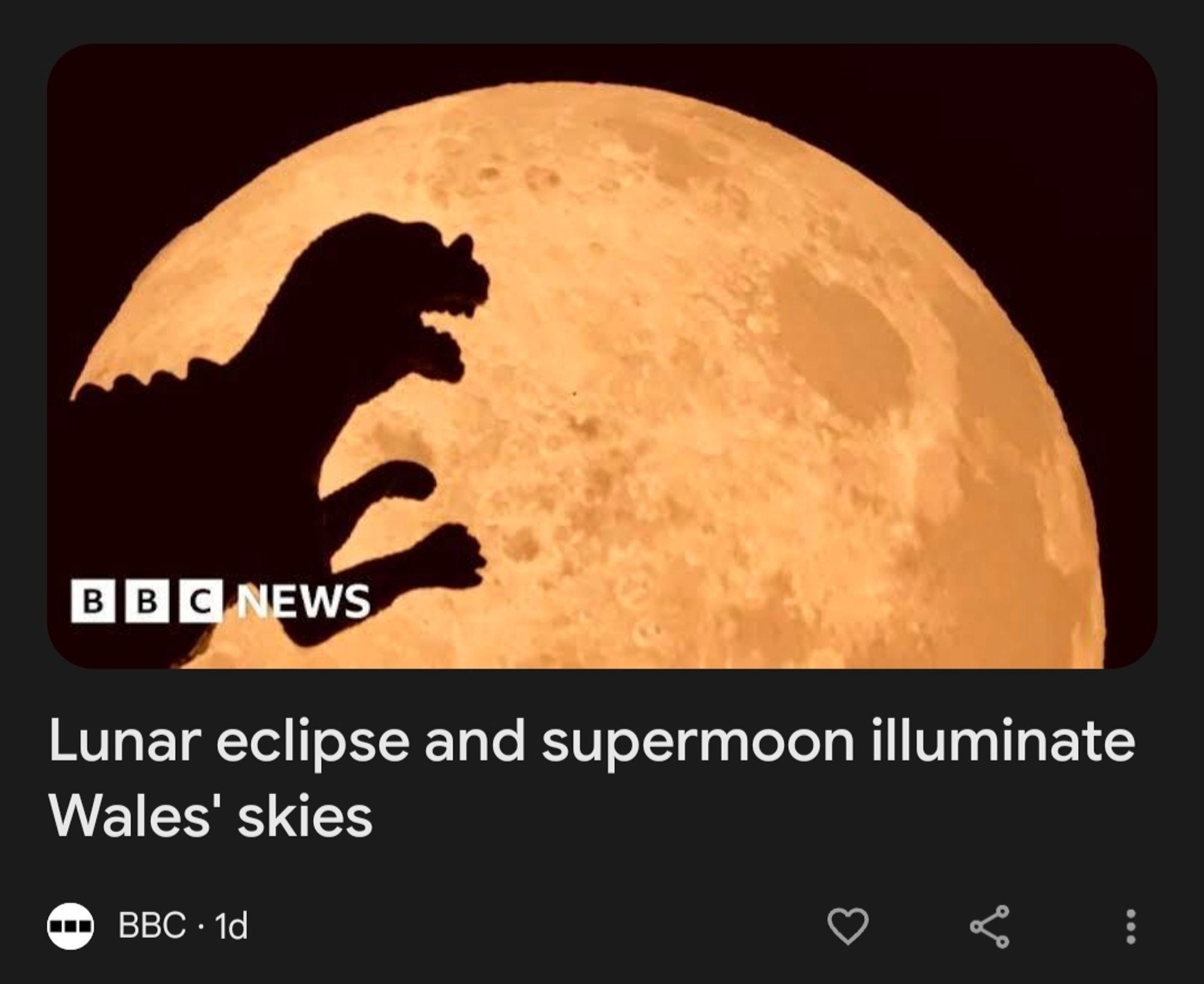 BBC headline: Lunar eclipse and supermoon illuminate Wales' skies

The photo accompanying the headline is a full moon with a tyrannosaurus rex (or maybe Godzilla) in front of it.