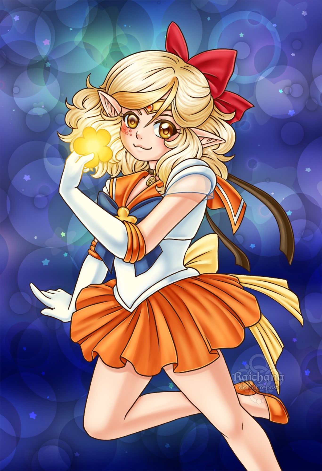 I do also do the occasional fanart, this is Ciella as sailor venus from sailor moon. instead of a heart for love and beauty shot she is holding a flower. 