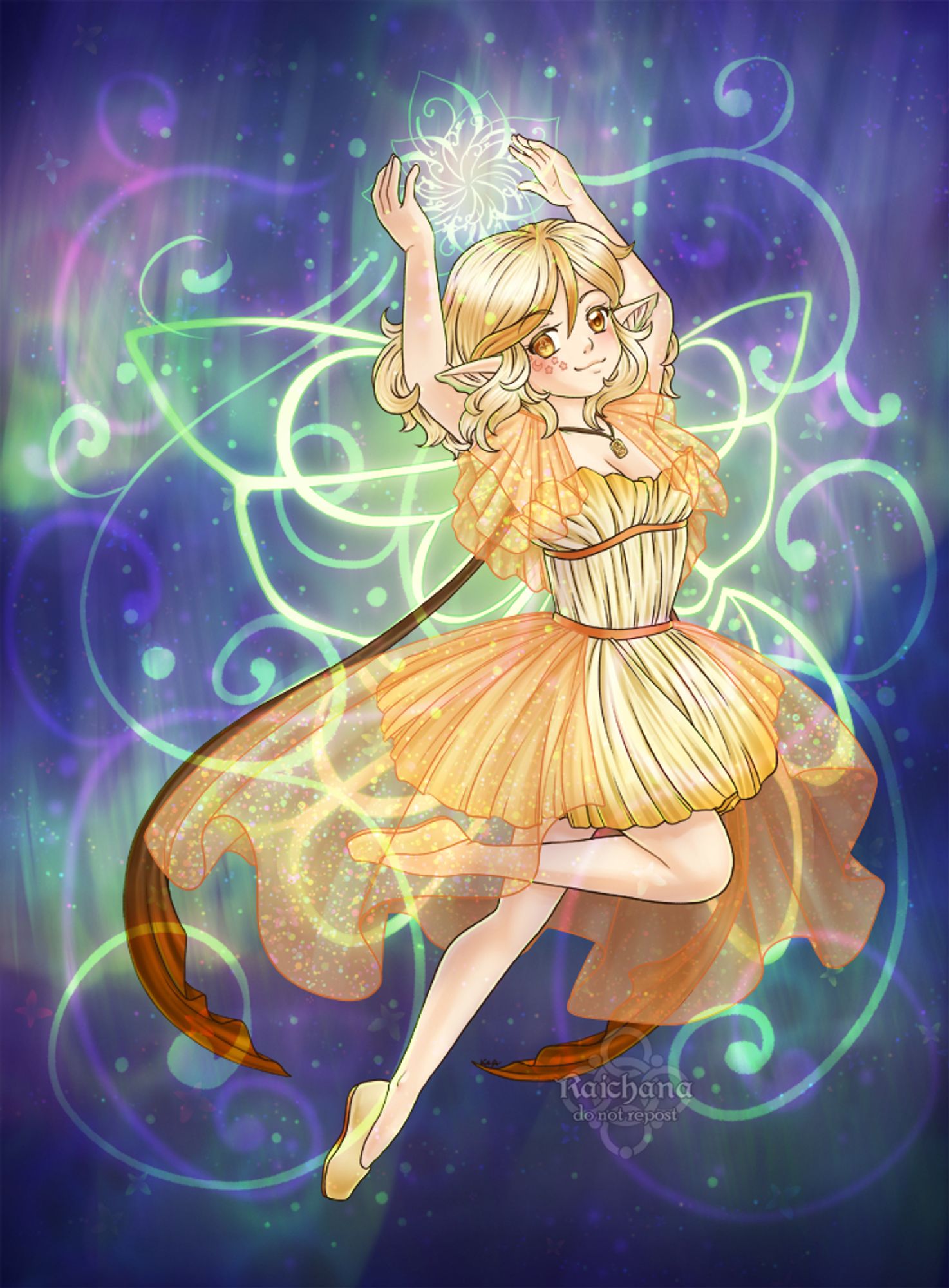 A picture of my OC Ciella with magical butterfly wings from her back and flower magic above her head. she is wearing a yellow dress with a sheer orange overlay that is sparkly. it looks like she is in front of something like the northern lights. 