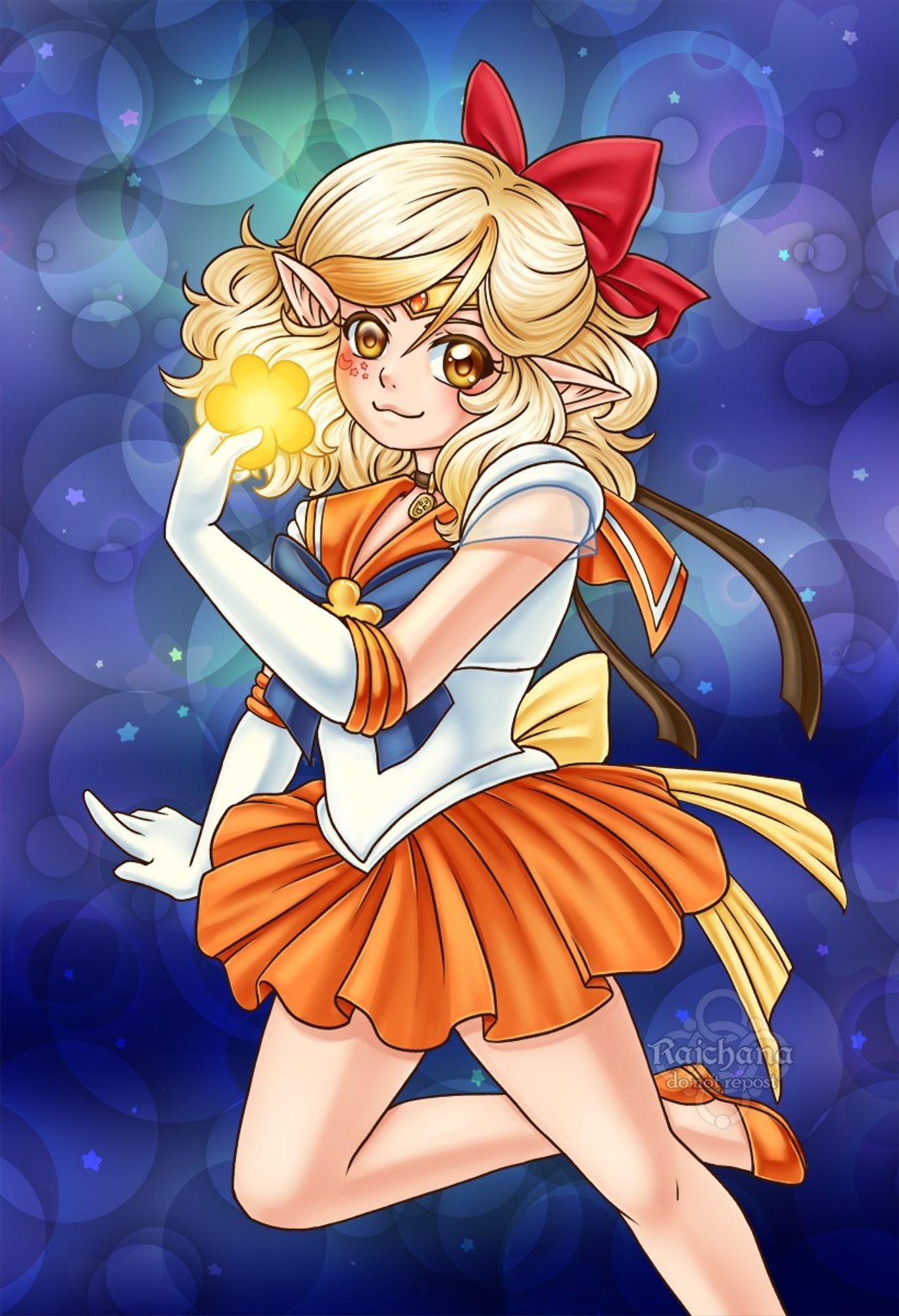 My oc CIella dressed in Sailor Venus' senshi outfit from Sailor moon SuperS. she is doing a love and beauty shock but instead of a hear she is holding a flower, her broach is also in shape of a flower and her choker is her regular necklace.