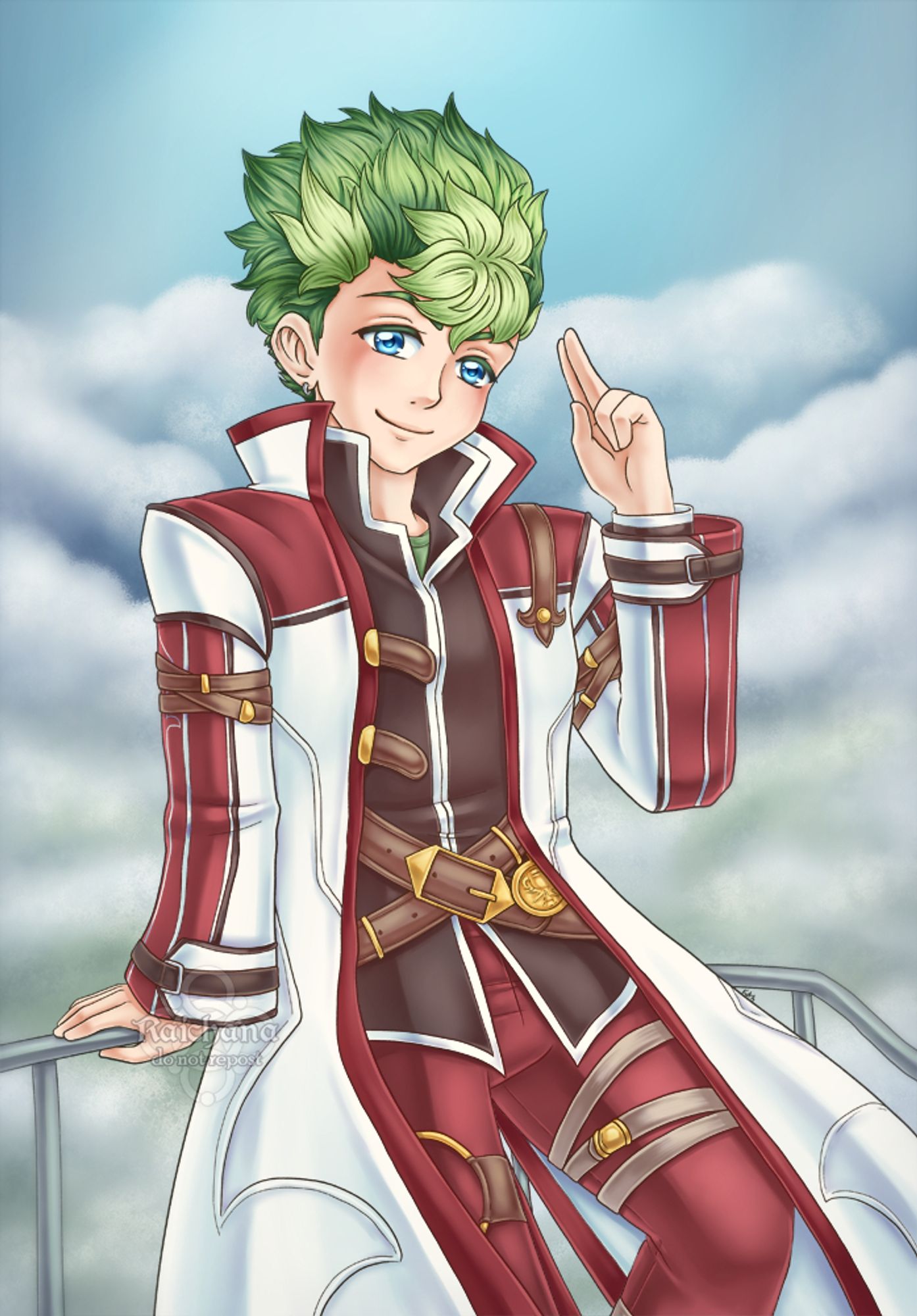 fanart of Kevin Grama from the Trails series. this is his new Kai no kiseki design. he stands on the back of his airship the merkaba saying something along the lines of "yo"