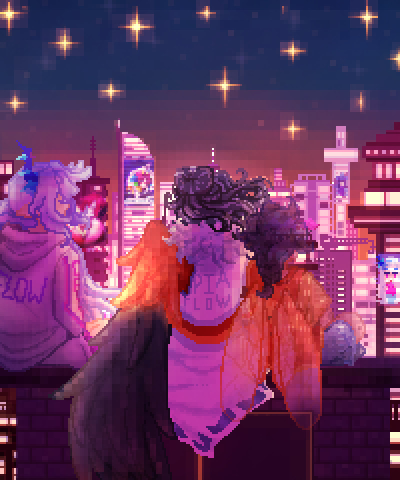 a pixel art twilight cityscape view of three people, all facing away from the viewer. On the left is a girl with a blue horn and white hair tied into a ponytail, her face is turned slightly to look at the person in the center. She wears a hoodie and shorts set that says OPIA. this character is Ridill from the TTRPG Reflection. The person in the center has one wing, the top half is a gradient from red to yellow, and the rest is black. His hair is Black with white streaks tied into a messy bun. He wears a white coat with a furred collar. This character is an Oc named Circo Isa. On the right, a teenager is leaning on Circo. They have black hair pulled into a loose braid. They have dragonfly wings emerging from their back, and they wear an orange t-shirt with blue shorts. He is slightly faded as he is a memory, and not present.