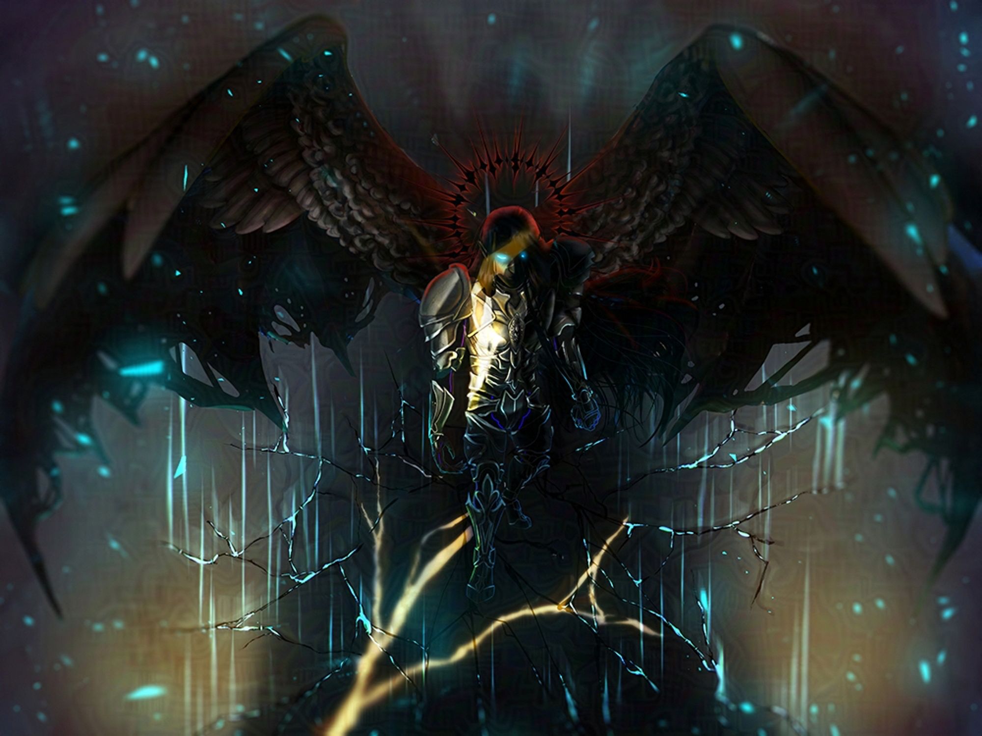 A stylized digital painting of an armored figure with long black hair, seen from above. They have a spiky black-and-red halo, their face is shadowed, though their eyes are glowing cerulean. They have huge, tattered, leathery dark wings, with feathers at the top. Looming over them is a shadow with a golden crack down the middle of it, the light from which illuminates part of their face. There are also cracks in the ground beneath them, some of which are glowing cerulean.