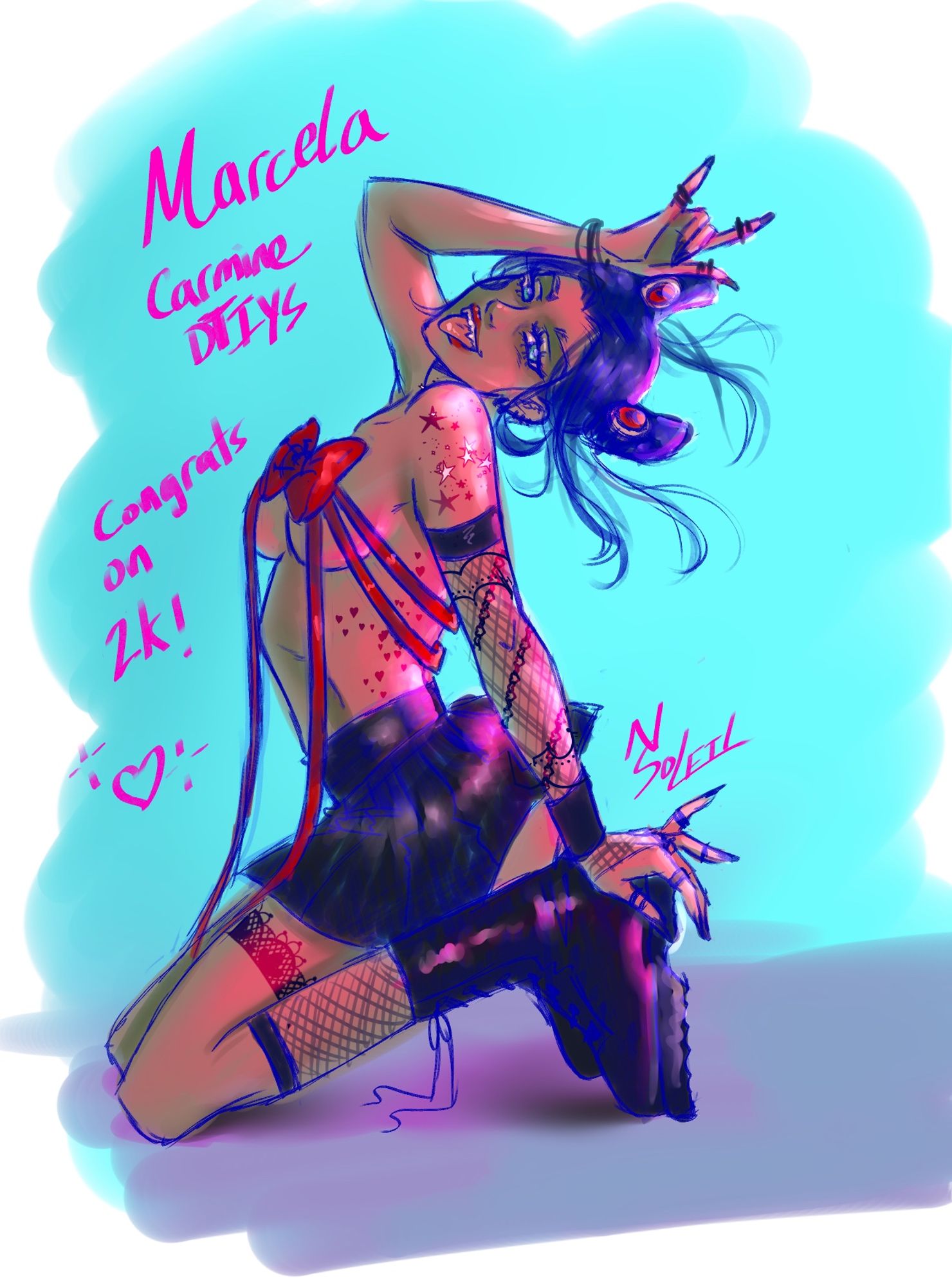 A sketchy stylized illustration of a character with blue hair, sitting on the ground in colorful lighting, wearing a gothic version of a Sailor Moon outfit.