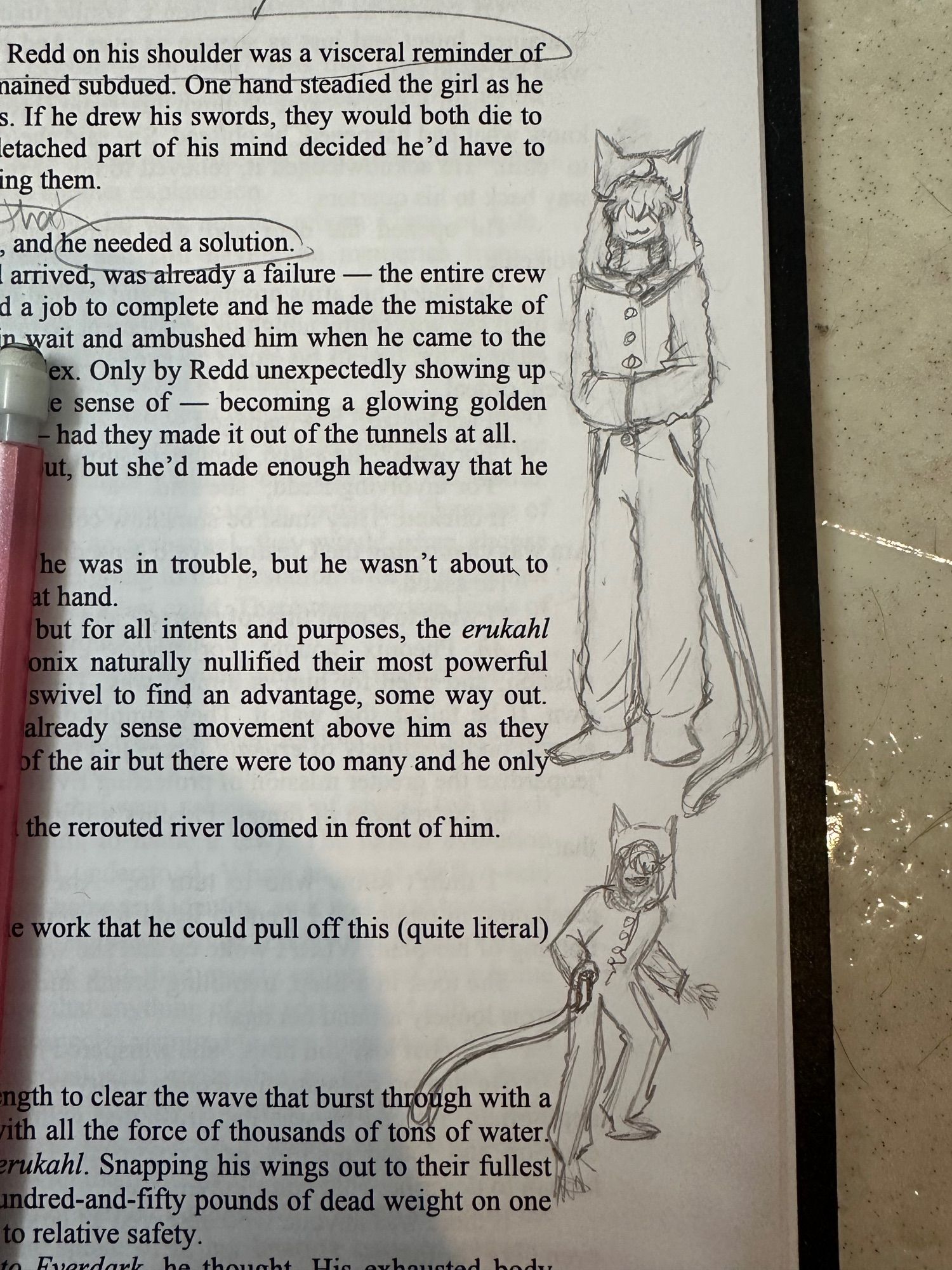 A closeup photo of a printed out piece of paper with text on it, and two pencil sketches in the margins of the text of a thin character with fluffy short hair covering their eyes, wearing cat pajamas.