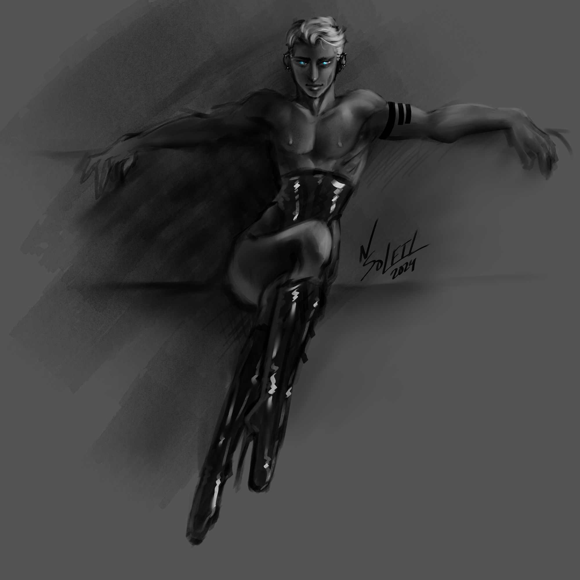 A rough greyscale painting of a lithely muscular man with short white hair and glowing blue eyes reclining on an undefined couch with his arms spread across its back/top, his legs crossed. He is shirtless, has a tattoo of several black lines on his left arm, and is wearing a black shiny underbust corset and knee-high fetish ballet slipper boots.