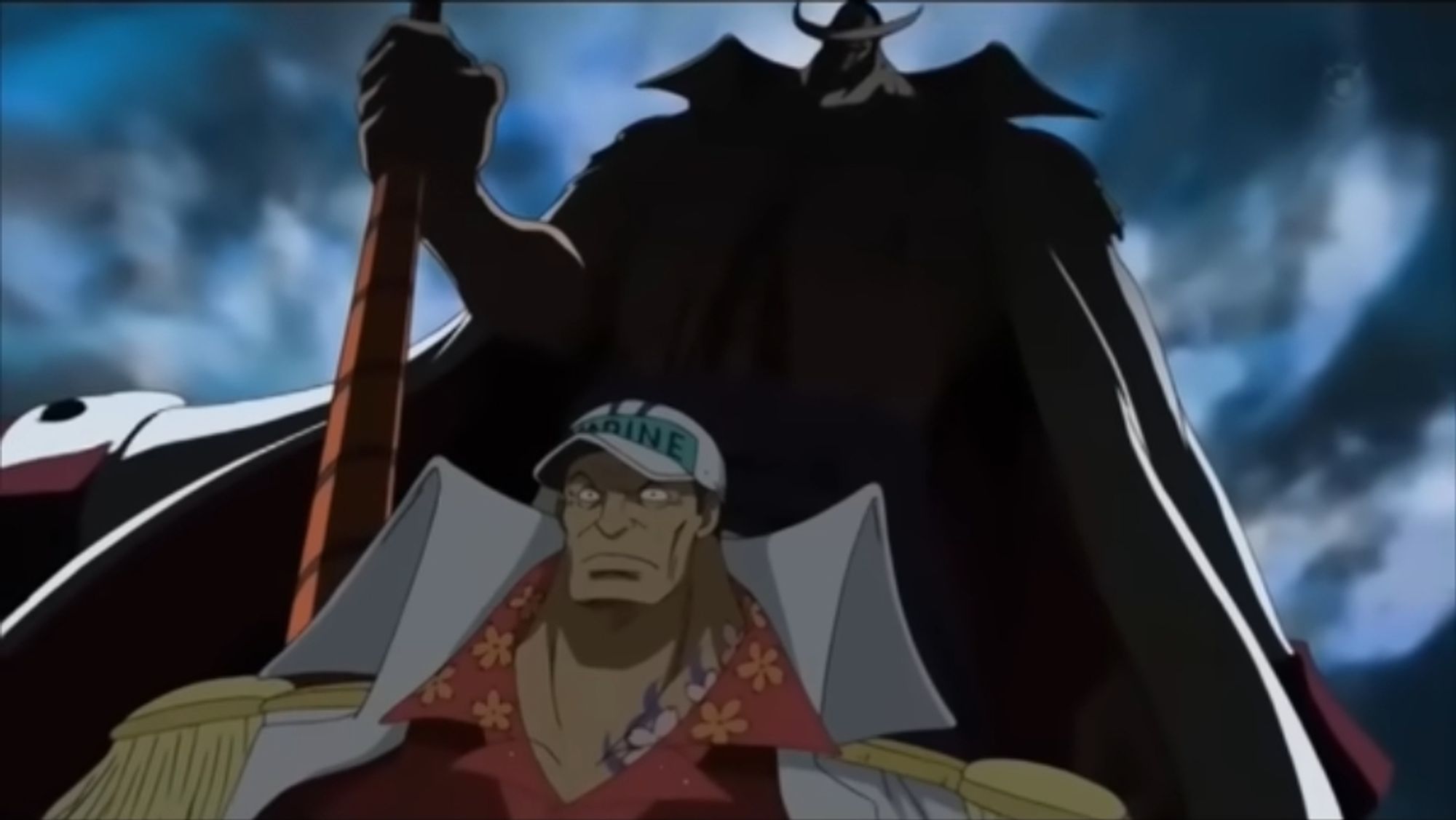 Akainu from One Piece looks horrified after realizing that a sinister Whitebeard is standing behind him