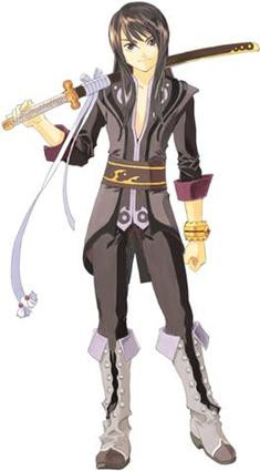 yuri lowell from tales of vesperia. he's got long black hair, no facial hair, very skinny. wearing a somewhat ornate outfit in different shades of gray with tall boots in a much lighter gray. he's holding a katana over his right shoulder.