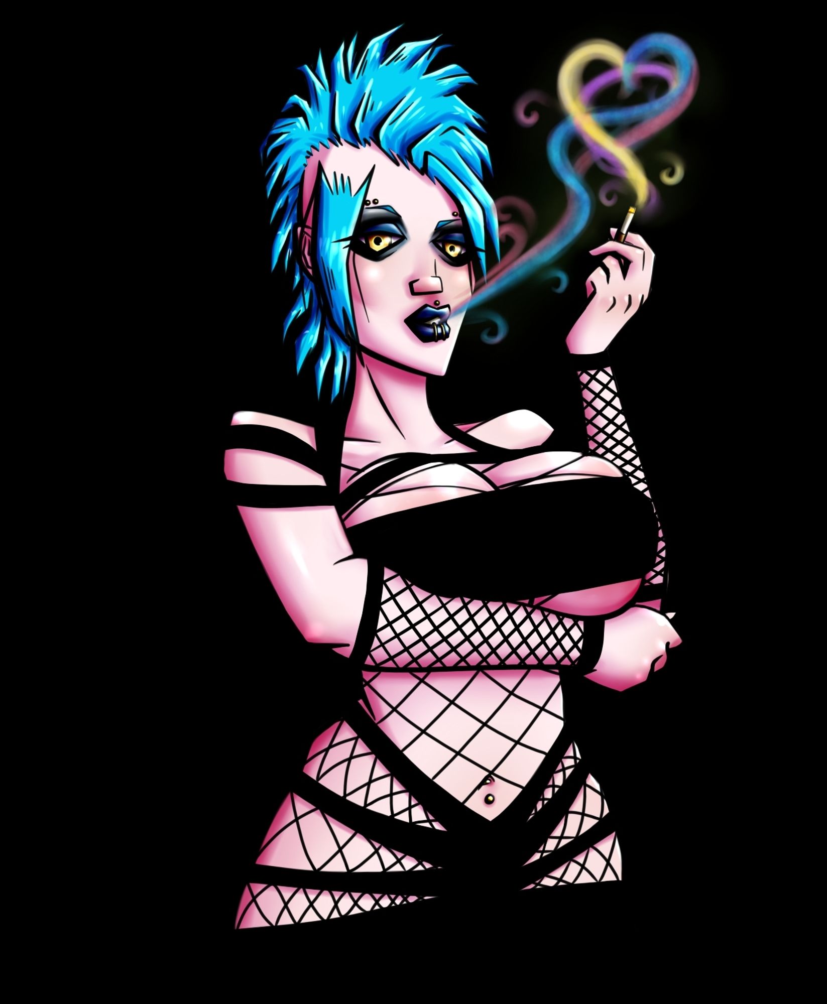 A big tiddy goth gf, with a blue mohawk, is blowing out colorful smoke like that hookah huffing caterpillar from Alice in Wonderland.