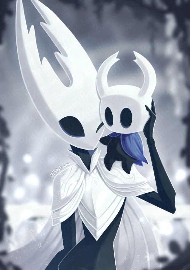 A Digital drawing of little Ghost from Hollow Knight sitting on Pure Vessel's shoulder. They are both really happy.