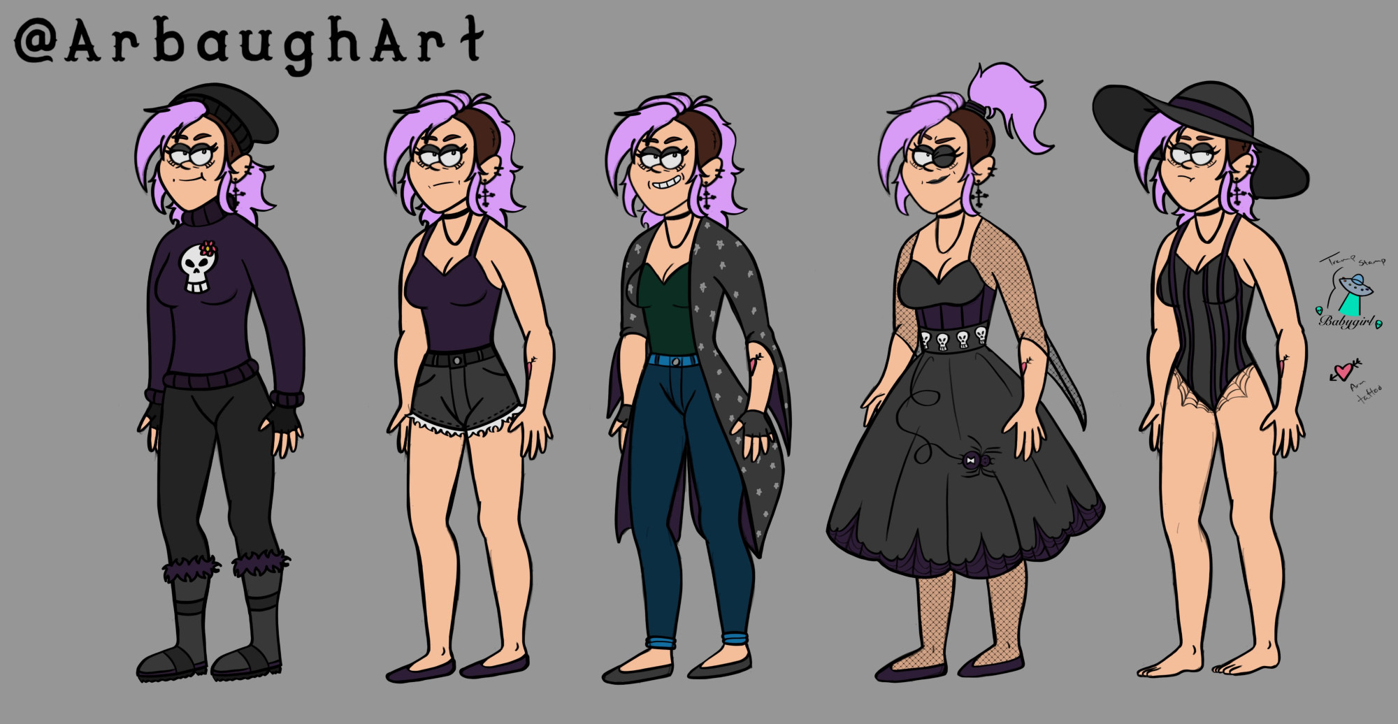 Five different versions of the same woman with lavender hair wearing different outfits. 