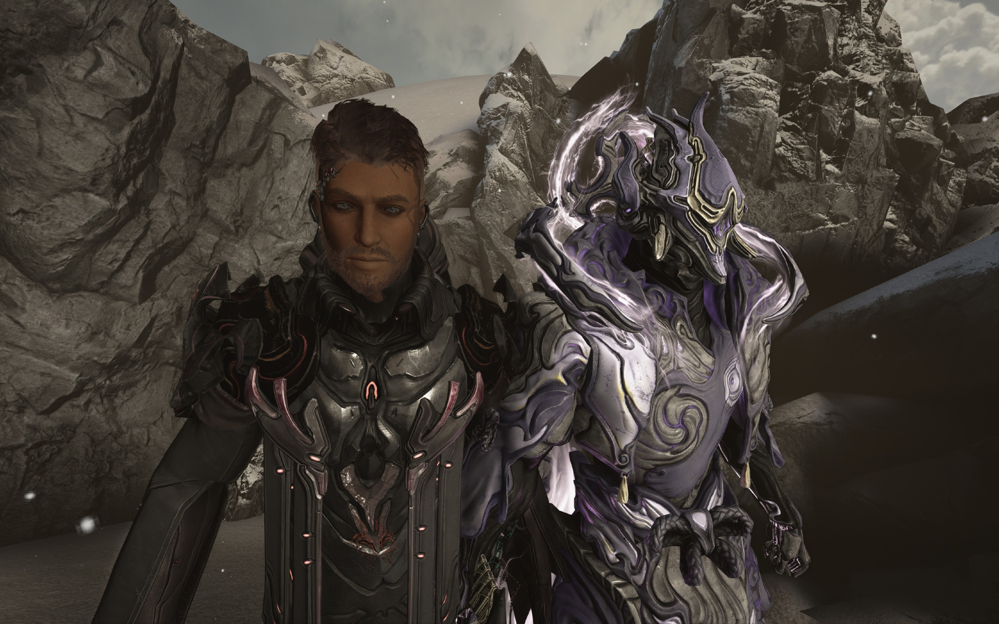 Picture of the short haired player character in a snowy area with the warframe Volt.