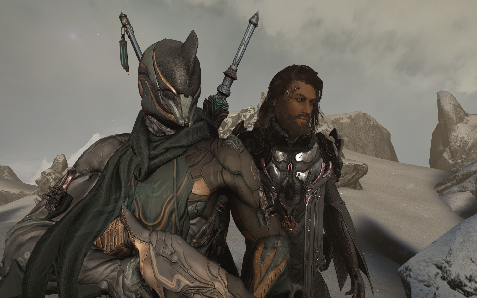 Picture of the same character with longer darker hair and a fuller beard standing on a snowy mountain with the warframe Excalibur.