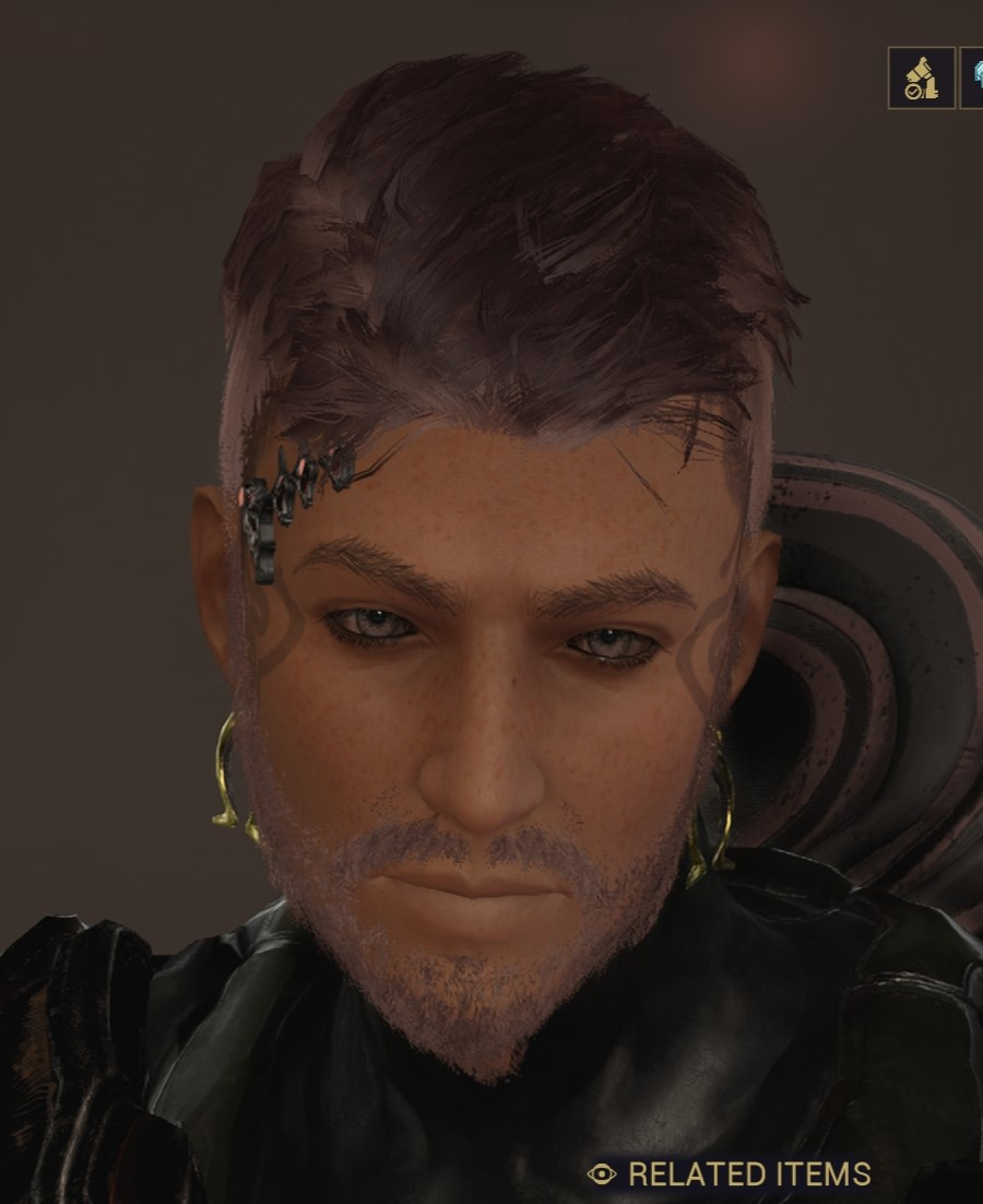 Close up of the face of a warframe player character with short pinky red hair and grey eyes.