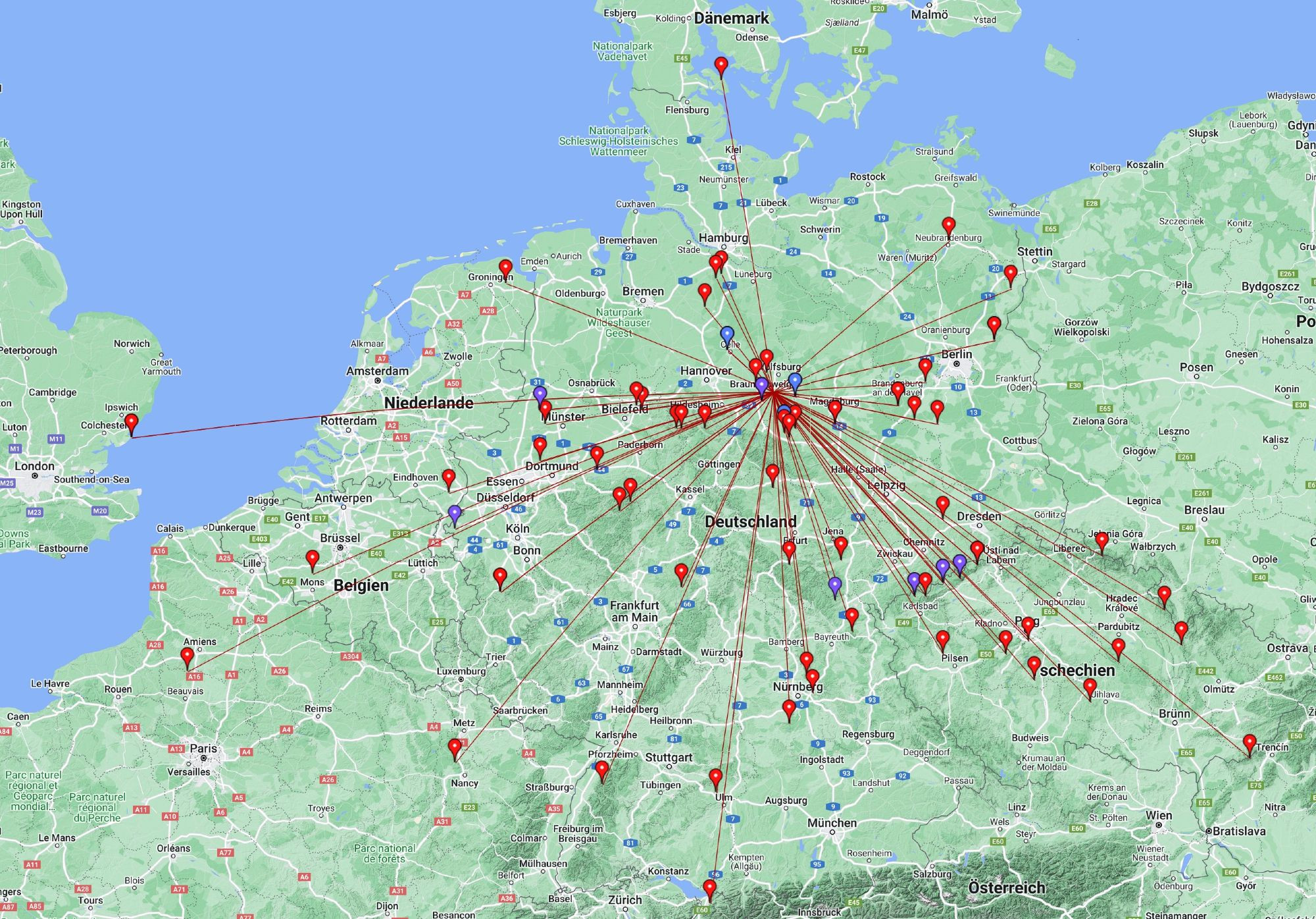 Grafik mit den erreichten Stationen. Es sind knapp 70 Linien, u.a. nach England, Frankreich, Konstanz, Tschechien und Dänemark