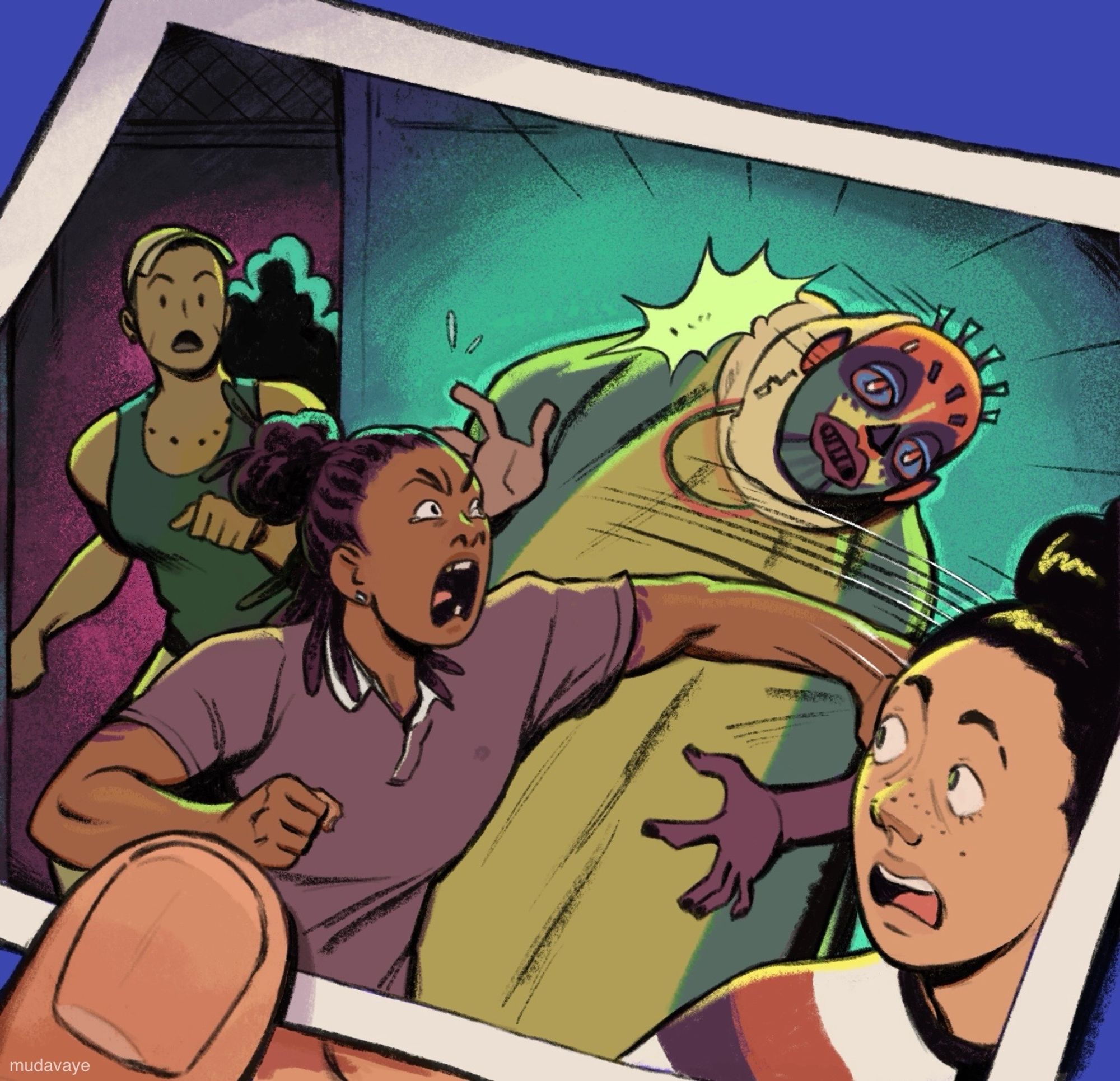 Onti webcomic snippet ft my OCs: Aariyah punching a duppy in a haunted house with Jaylin and Keisha onlooking