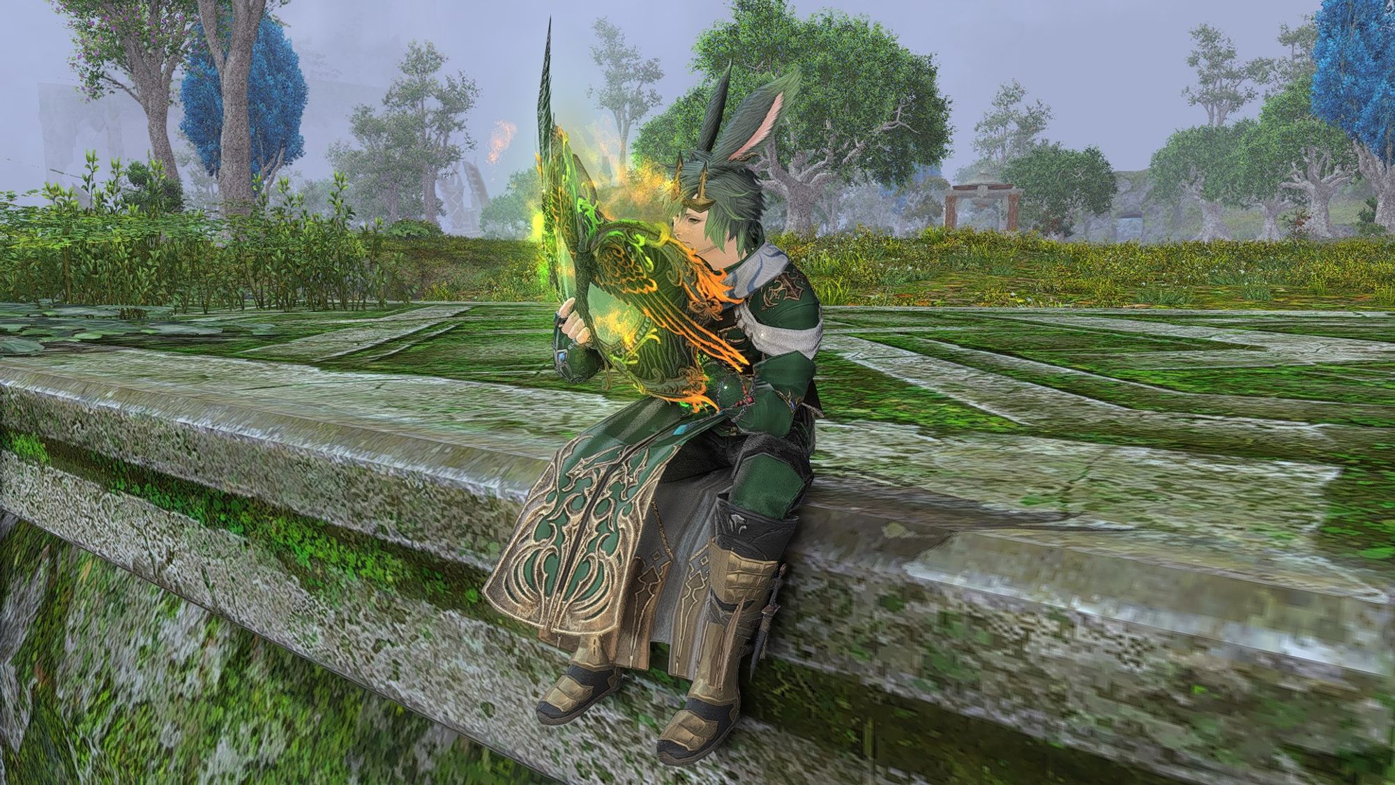 A green-haired Viera Summoner from Final Fantasy 14 in a green and gold colored armor set.