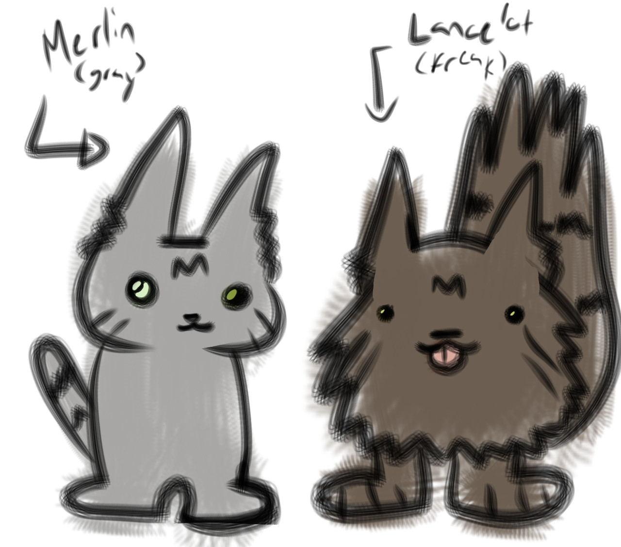 gray one with freak eyeball and brown one with the big feet idiot big taily... (a very silly drawing of my cats :))