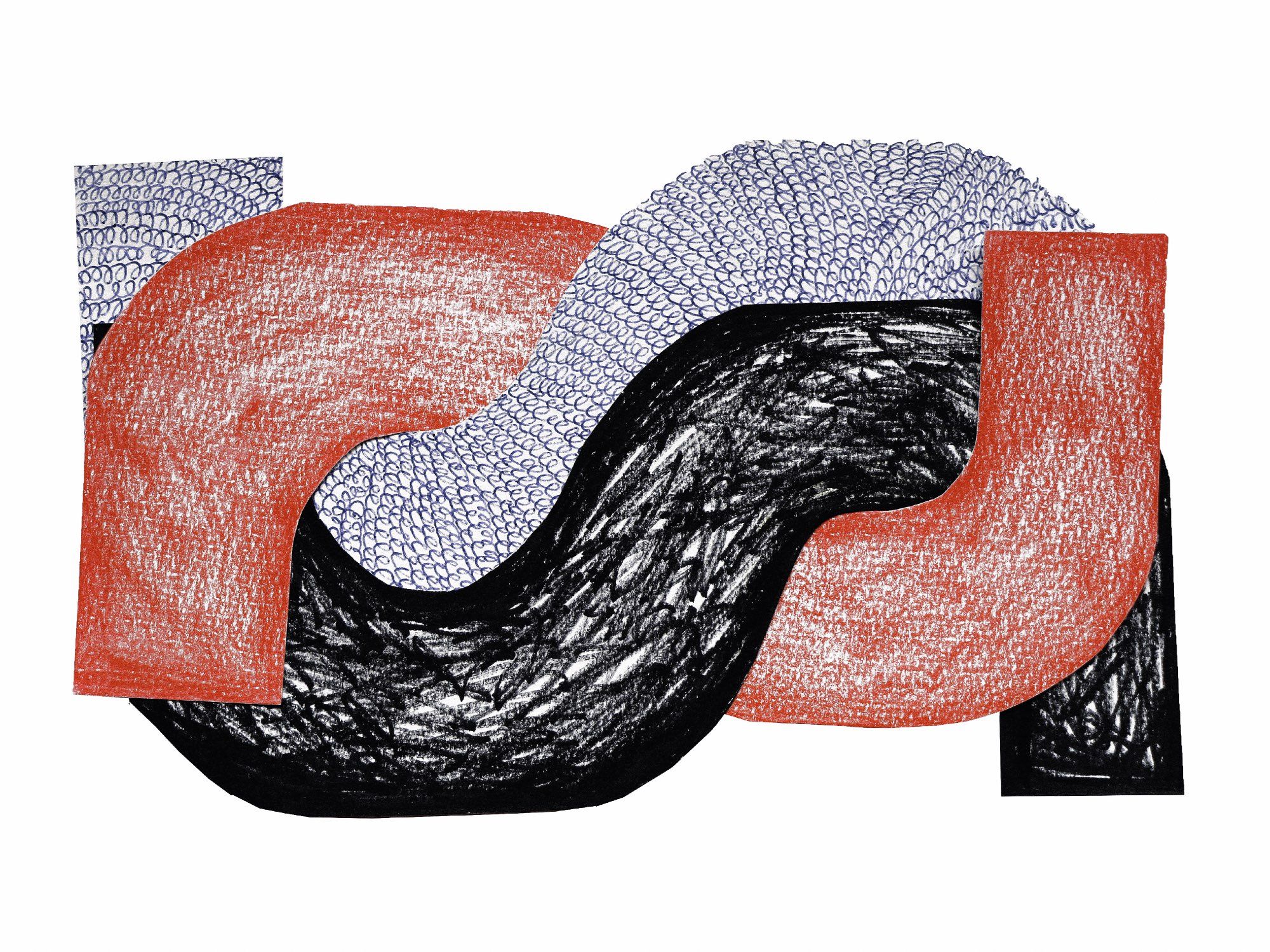 cover image Krisis 44.1 depicting interlocking waves drawn with pen and pencil in blue red and black