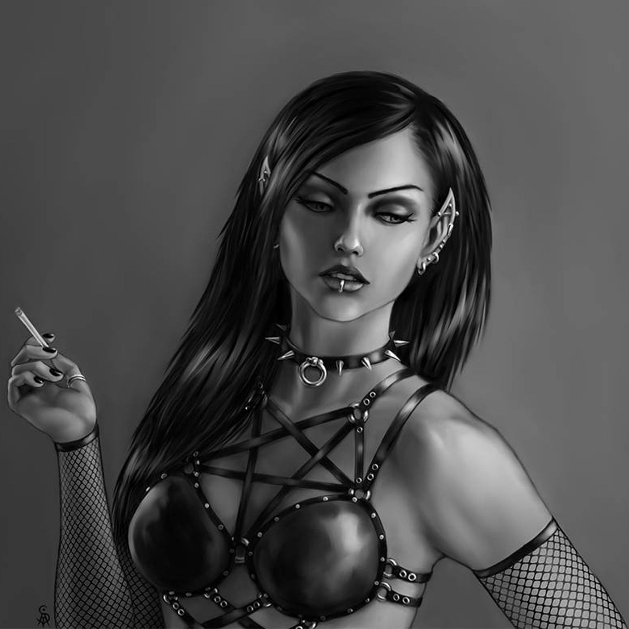 Black/White portrait of Nighblade: A gothic elf with long black hair, wearing a spiked collar, fishnet sleaves and a leather bra with a pentagram. Her pointy ears are pierced. She is holding a cigarette.