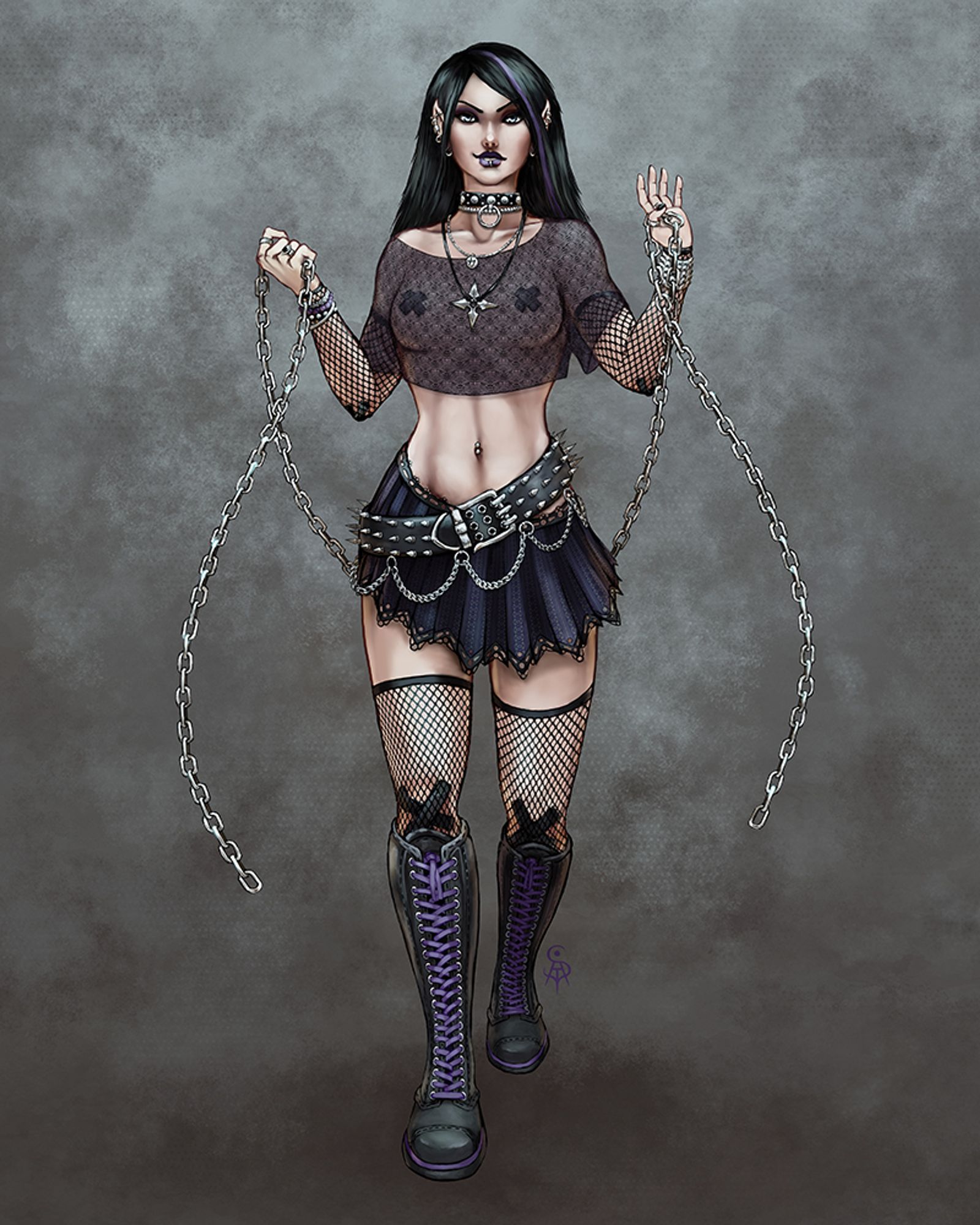 Colored full-body portrait of Nightblade, the gothic elf. She has long black hair and pointy ears with piercings. She is wearing a black skirt, a spiked belt, fishnet stockings, high black boots and a semi-transparent top. She is smiling as she is holding a long chain.