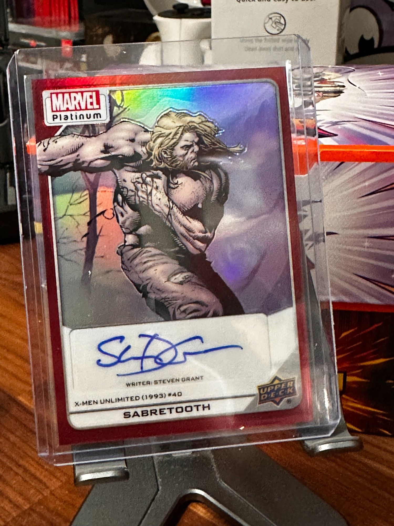 Upper Deck Marvel Platinum card.
Displays Sabretooth art from X-Men Unlimited #40 (1993). 
Autograph by Writer, Steven Grant.