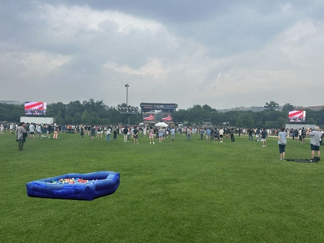 The sparsely attended Trump birthday event, with the Dashcon ball pit Photoshopped in.