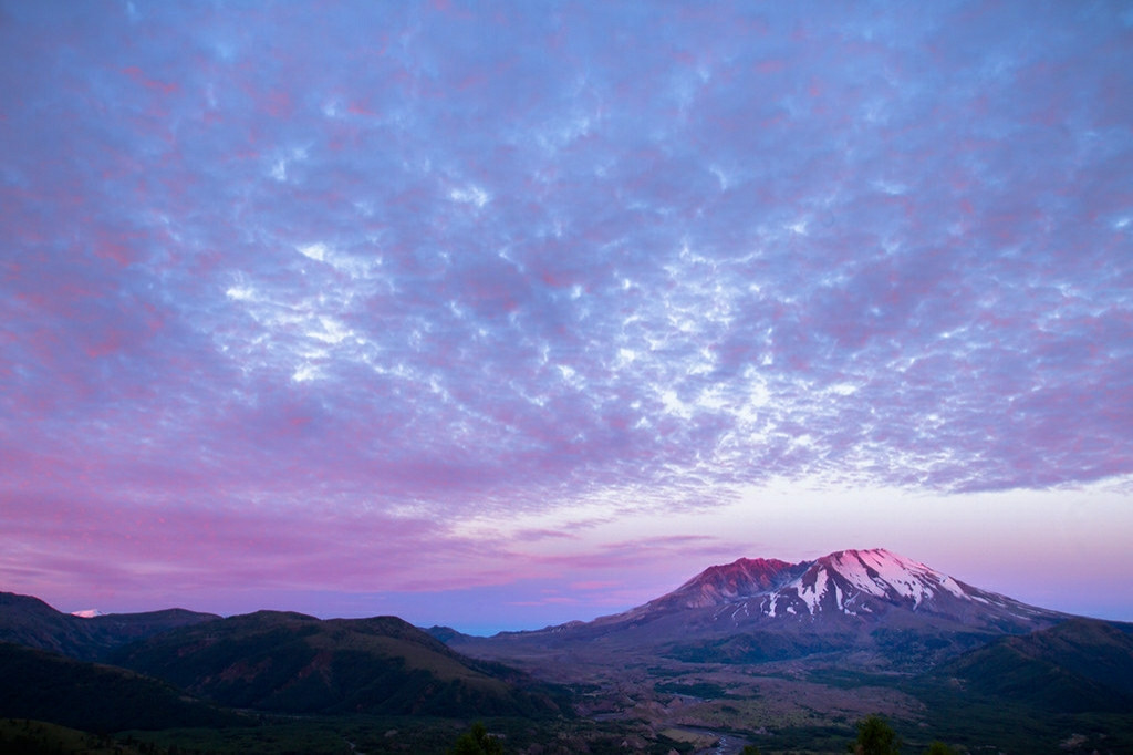 A blue and pink sunset over Mount Saint Helens, which has pink alpenglow on its slopes