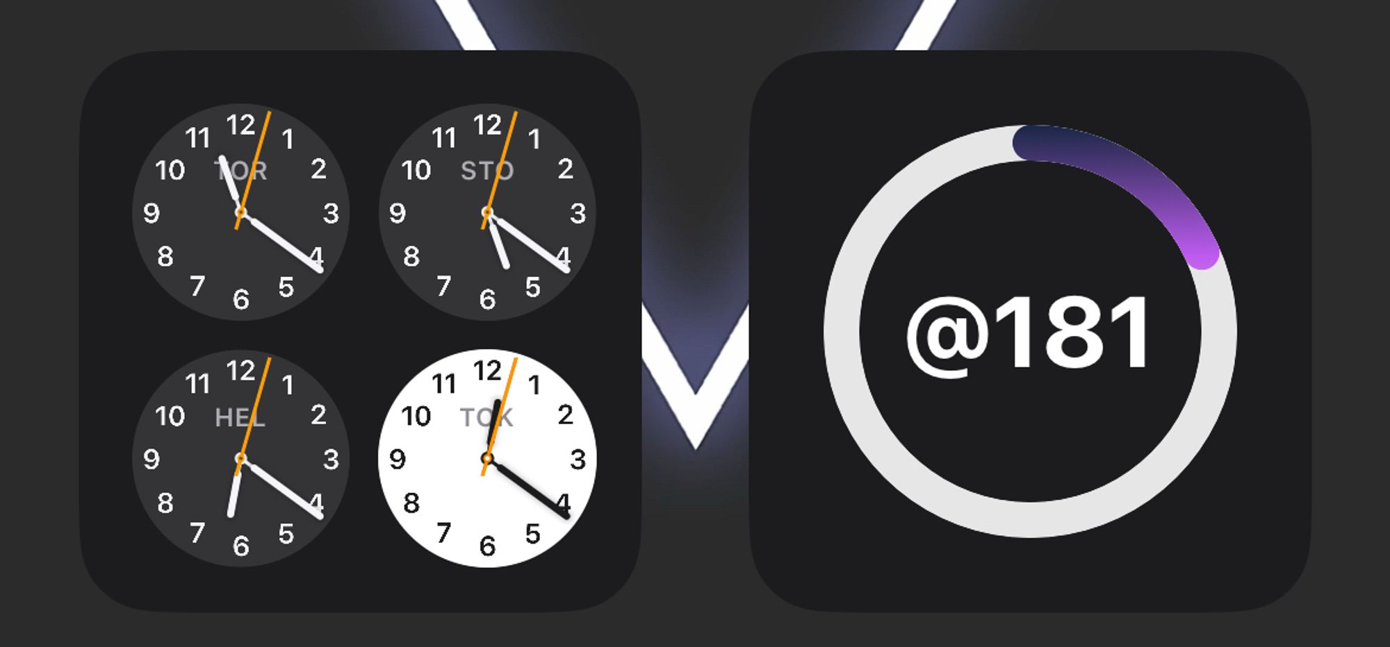 clock widgets on my phone. one shows local times for toronto, stockholm, helsinki, and tokyo. the other shows that the time is @181 .beats