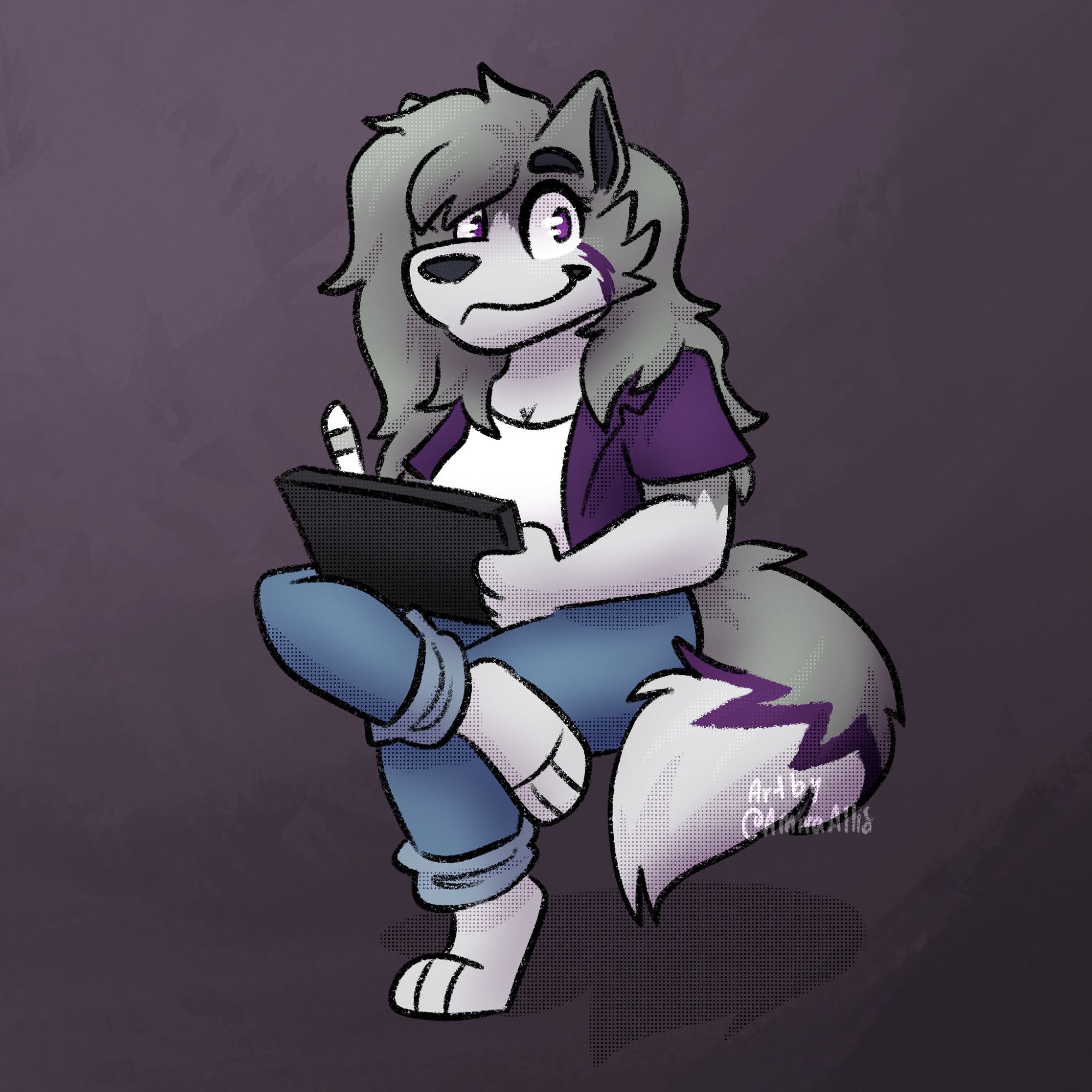 An anthropomorphic furry wolf with a purple shirt and jeans sitting while drawing on an ipad. She is smiling and looking at the viewer.