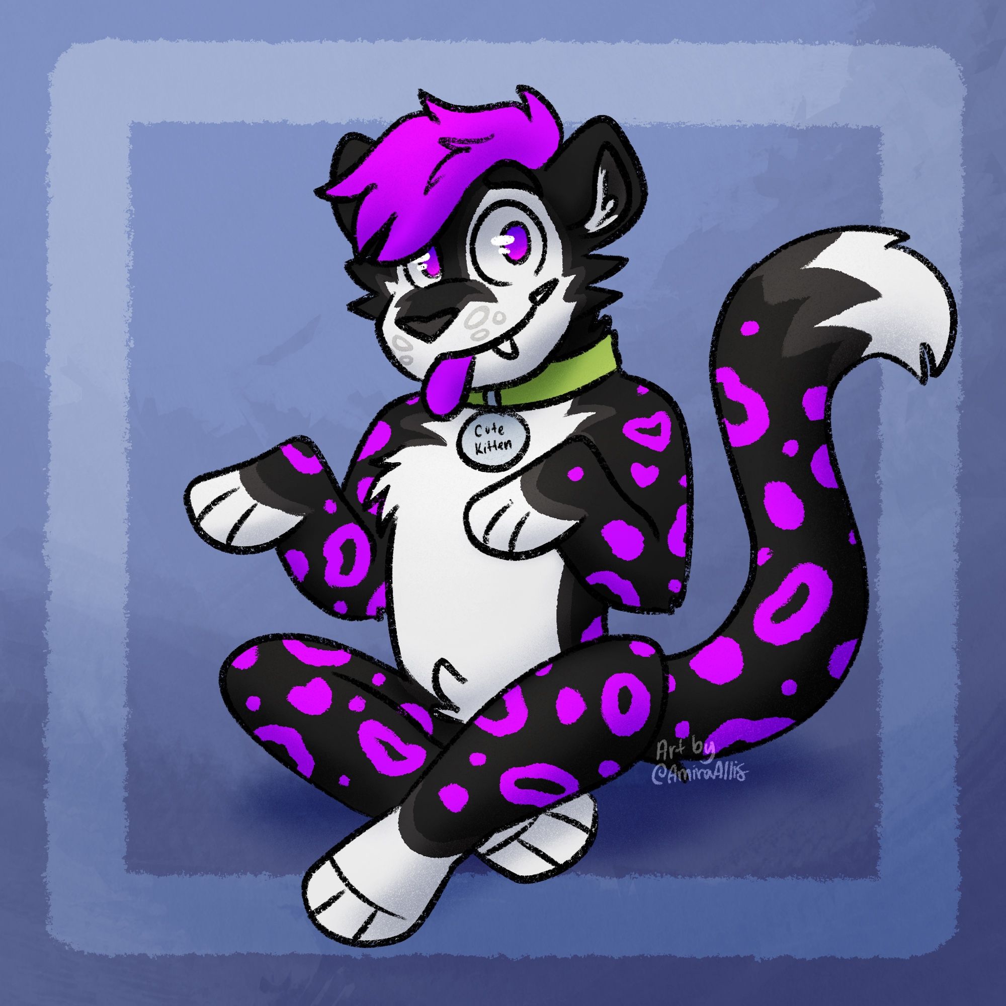 An anthropomorphic snow leopard with black, white, and magenta fur. They are wearing a green collar that says “cute kitten” on it while doing a little blep with their tongue.