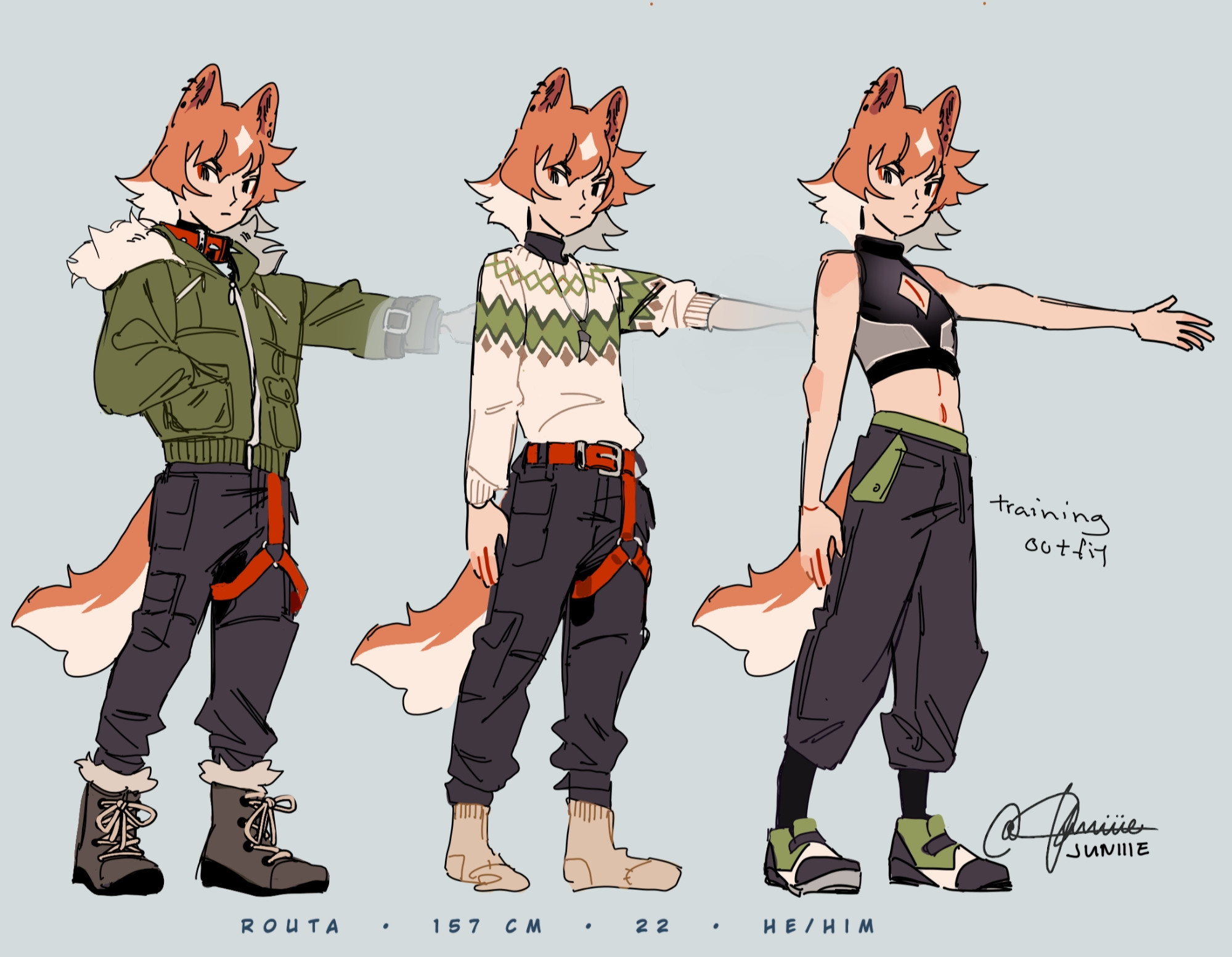 My OC Routa in various different outfits from casual wear to outer winter wear