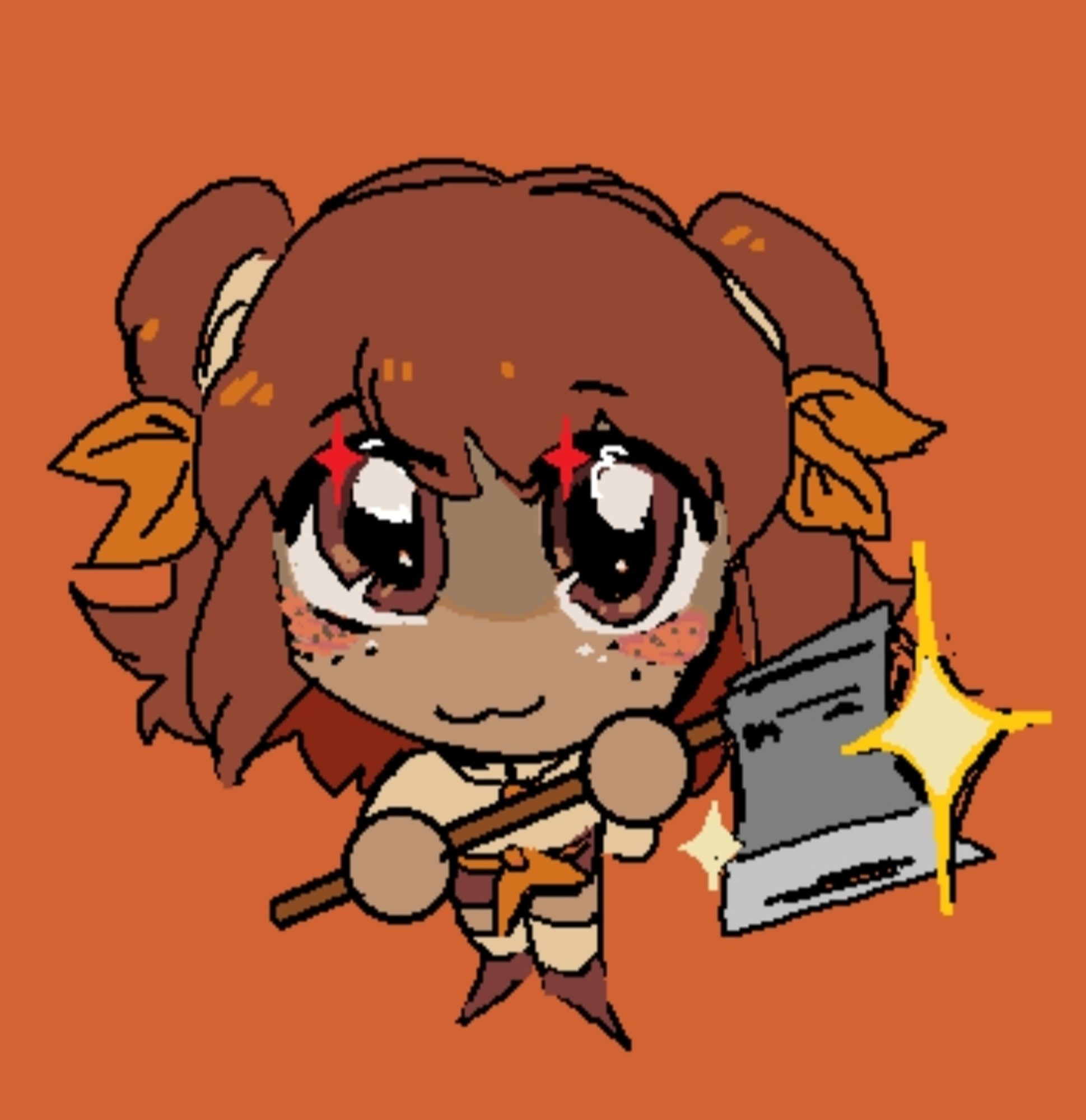 A tiny chibi Parmenya looking up at the viewer with a cute smile and big sparkly eyes and a sparkly axe in hand