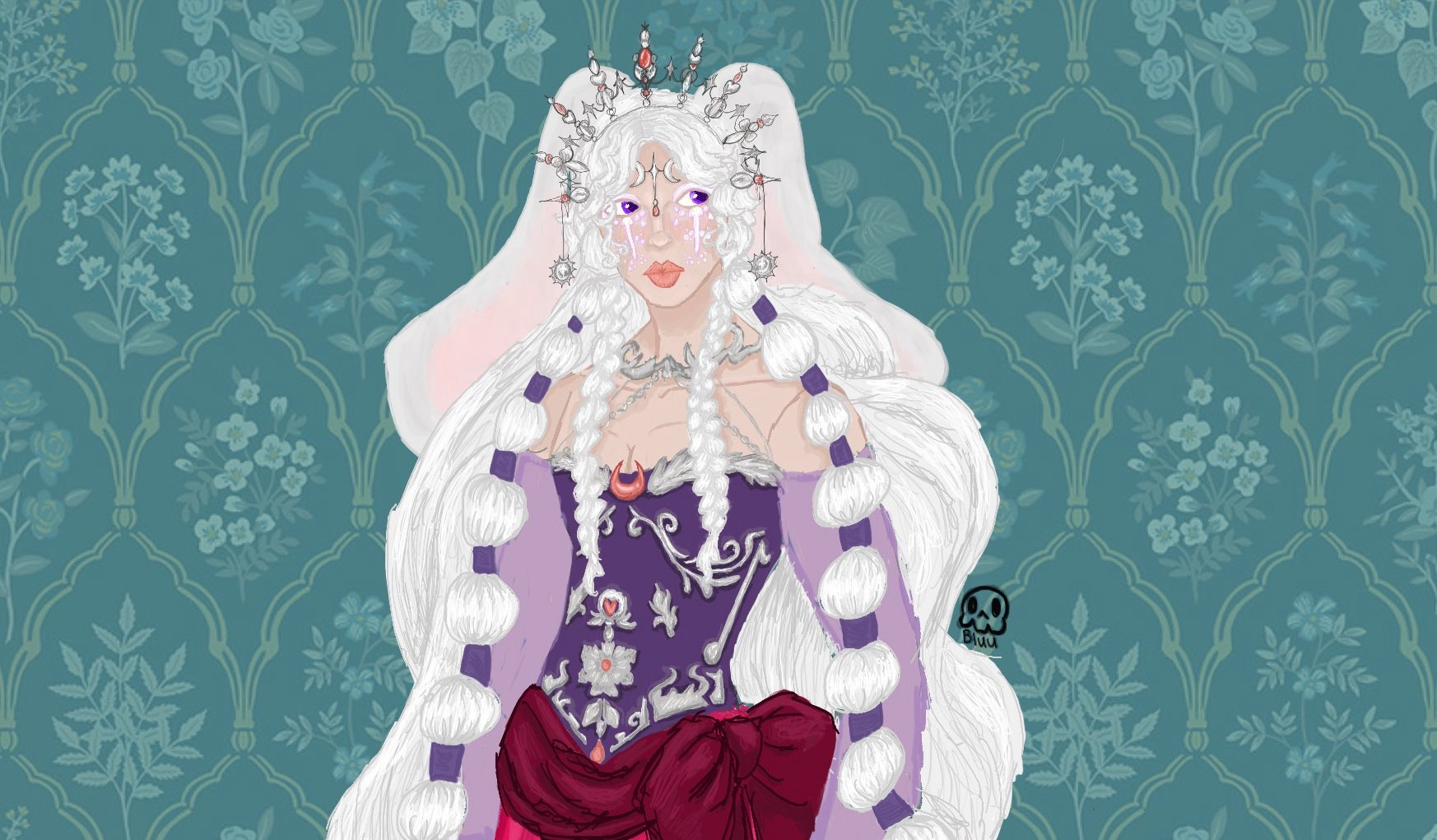 standing in the middle stand a person with large bunny ears and long white hair with front pieces tied into balls on the head is a detailed silver crown with jewels at each end the middle having a red gem and at the end of the crown dangles two silver suns 
on the face she has a headband with two crescent moons facing each other and a dangling bead which rests on the nose, the make up is mostly white with purple undertones and gives a teardrop effect since the majority of it is under the eyes 
on the neckline is a silver necklace and then the outfit is a purple strapless corset with silver details and red gems most noticeable is one at the top of the corset being a red crescent moon, the corset also has mesh purple sleeves 
then at the waist is a large marroon fabric wrapped with a large bow on the right side 